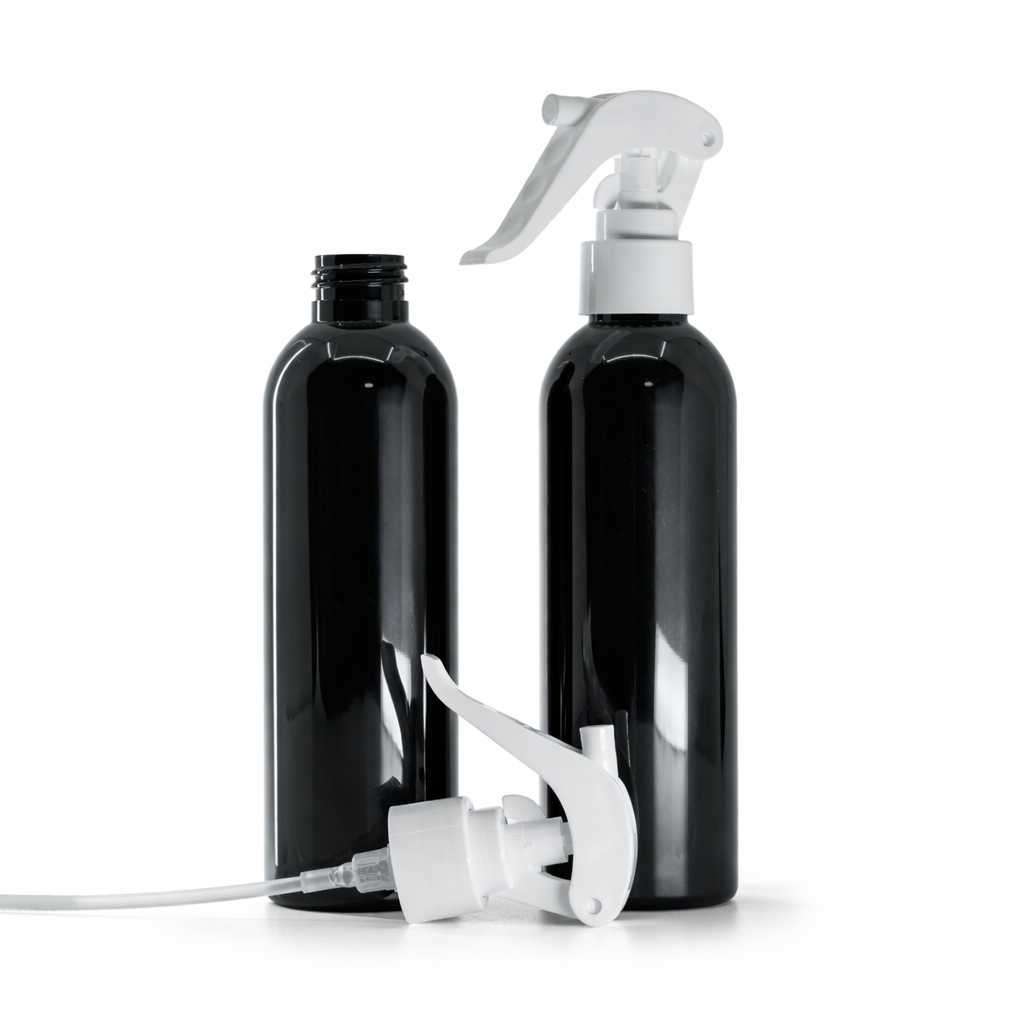 Butelka plastikowa, czarna błyszcząca, biały spryskiwacz, 200 ml
