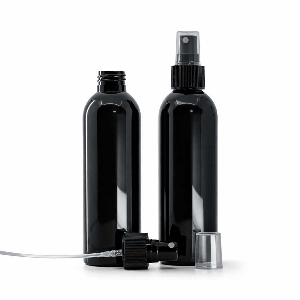Butelka plastikowa, czarna błyszcząca, atomizer czarny, 200 ml