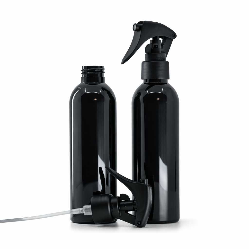 Butelka plastikowa, czarna błyszcząca, spryskiwacz z dźwignią matowy czarny, gładka obręcz, 200 ml