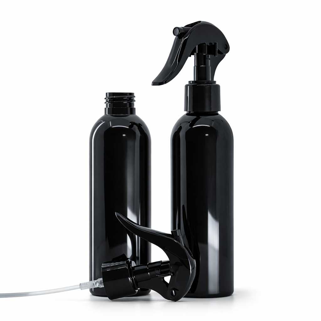 Butelka plastikowa, czarna błyszcząca, czarny spryskiwacz, 200 ml