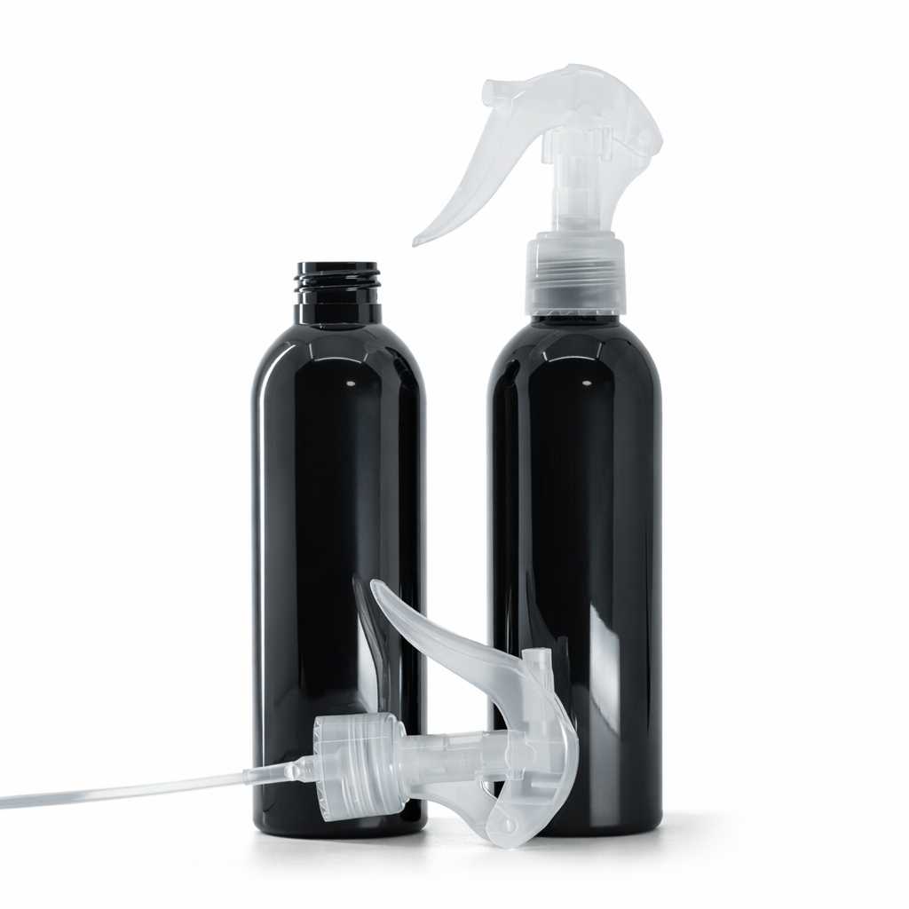 Bouteille en plastique noire brillante, pulvérisateur à gâchette transparent, 200 ml