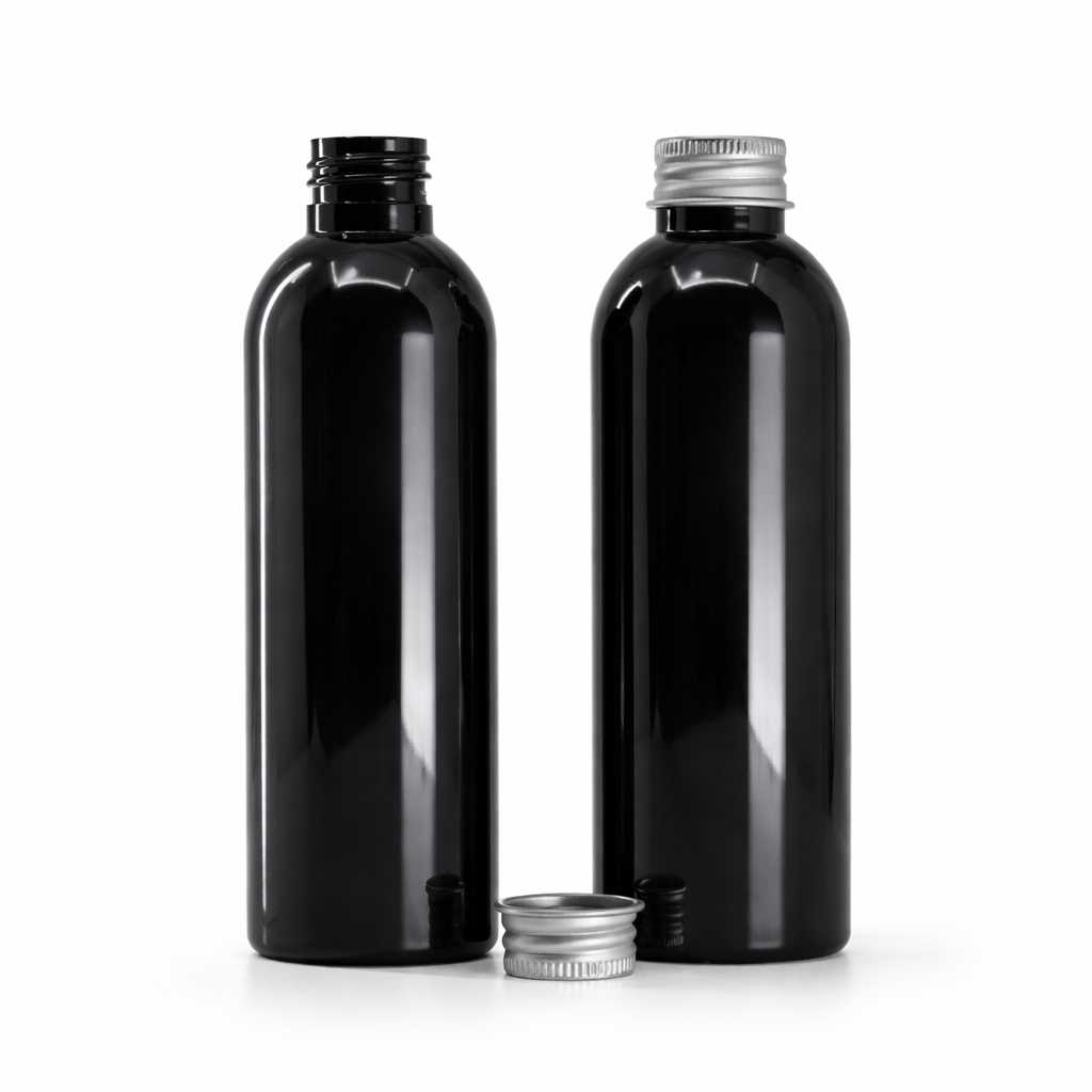 Butelka plastikowa, czarna błyszcząca, nakrętka aluminiowa, 200 ml