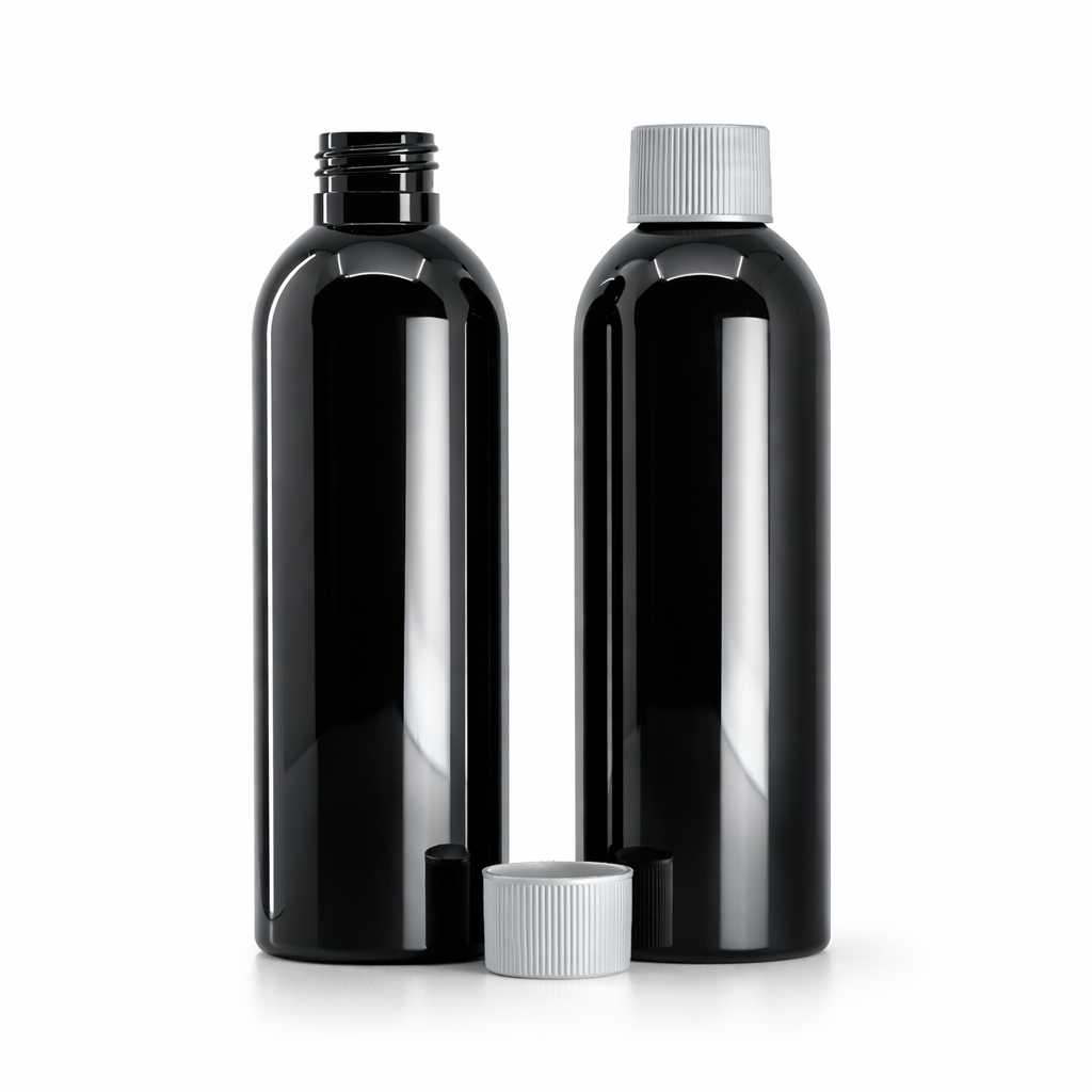 Bouteille en plastique noire brillante, bouchon blanc, 200 ml