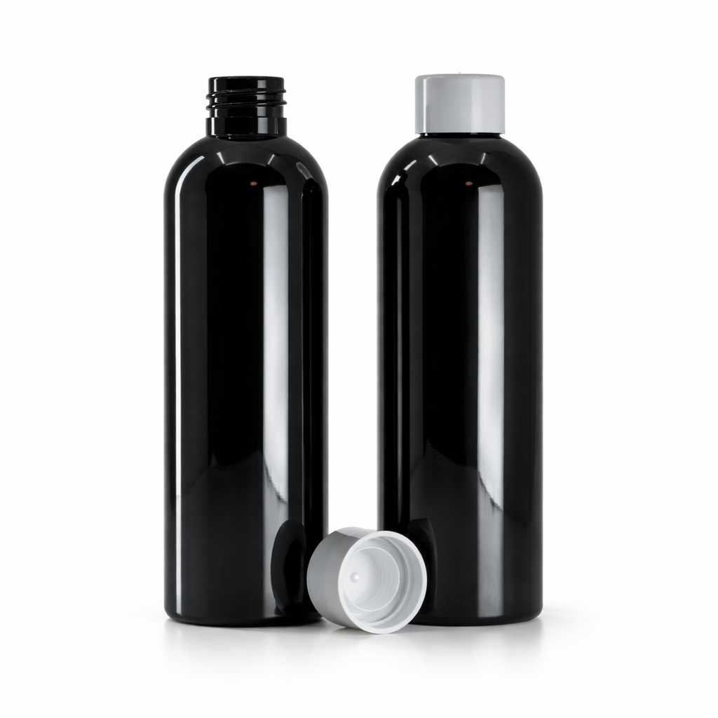 Bouteille en plastique noire brillante, bouchon blanc lisse avec réducteur, 200 ml