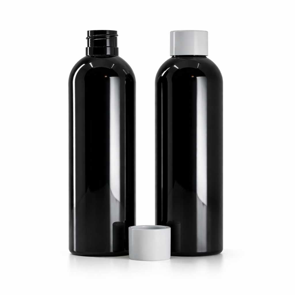 Bouteille en plastique noire brillante, bouchon blanc mat, 200 ml