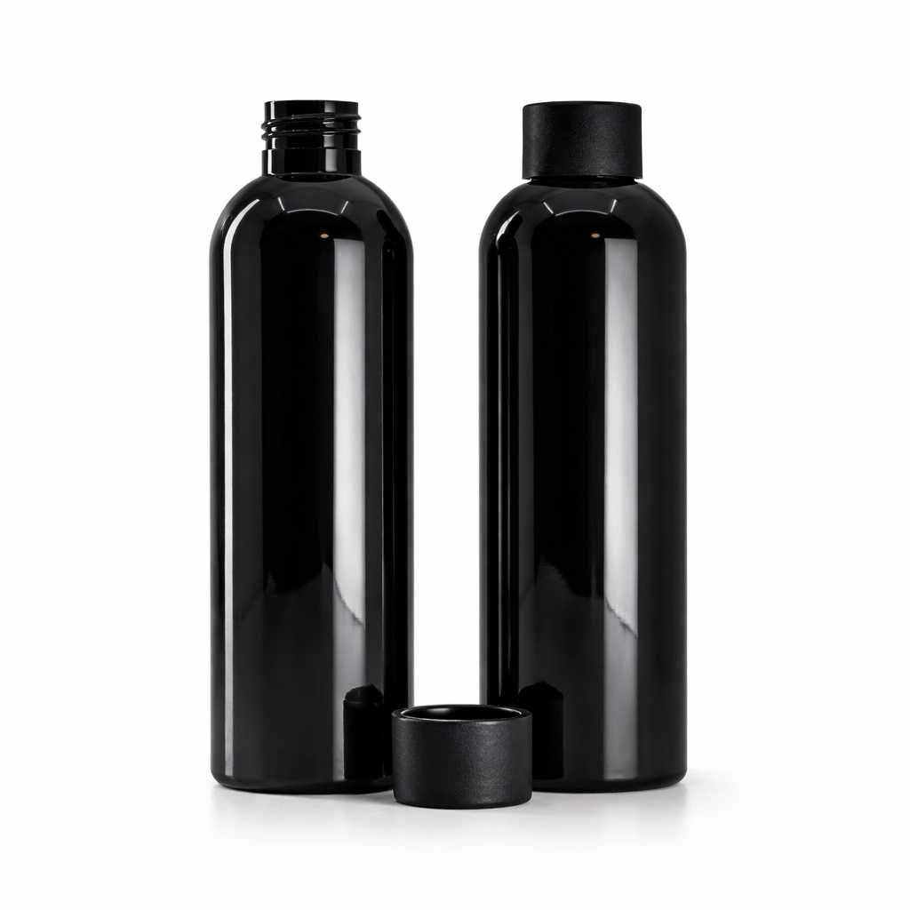 Flacon en plastique noir, 200 ml, bouchon noir mat, 24/410