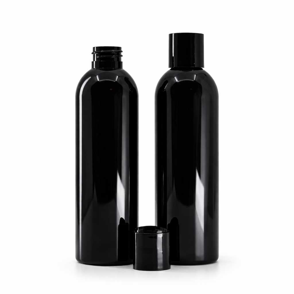 Butelka plastikowa, czarna błyszcząca, disc top czarny, 200 ml