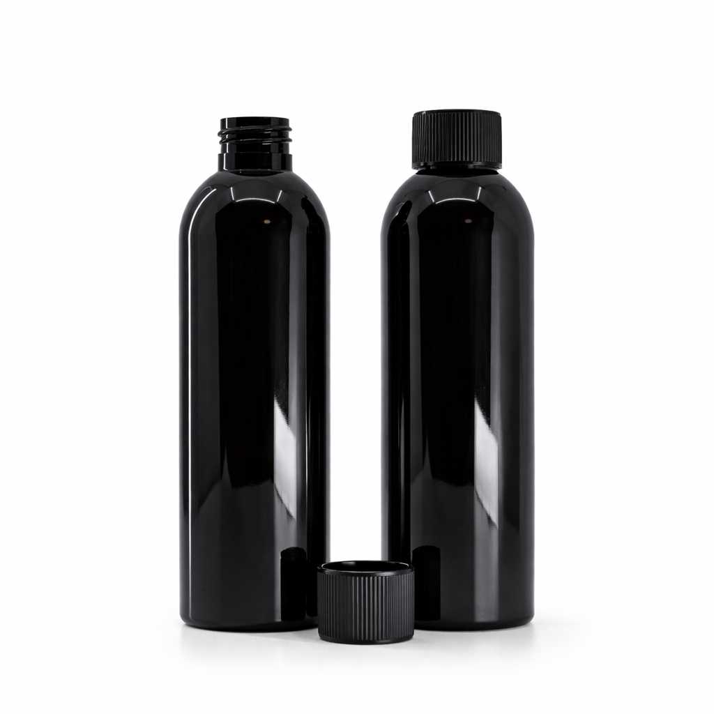 Bouteille en plastique noire brillante, 200 ml, bouchon nervuré noir
