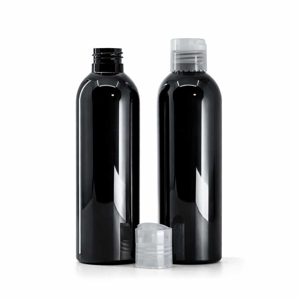 Bouteille en plastique noire brillante, bouchon disc-top transparent, 200 ml