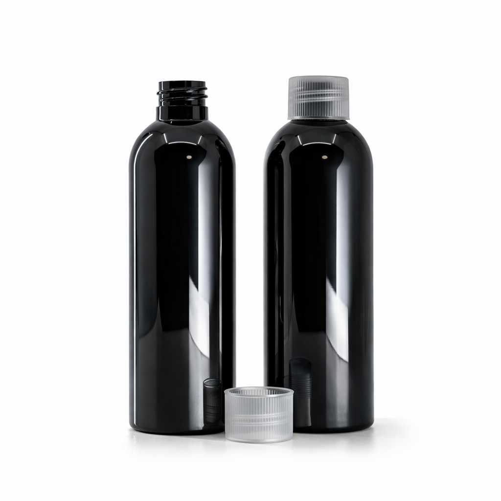 Kunststoffflasche, schwarz glänzend, transparenter Verschluss, 200 ml