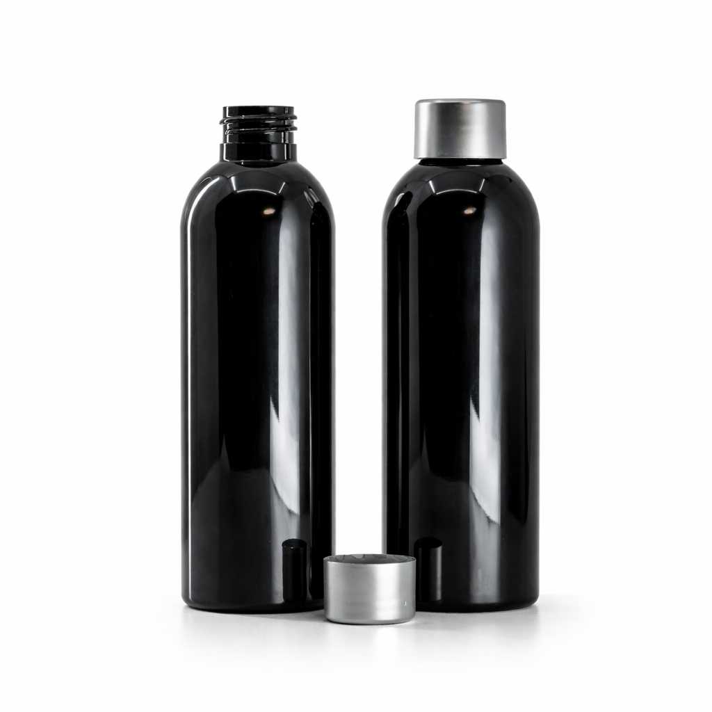 Butelka plastikowa, czarna błyszcząca, nakrętka srebrna, 200 ml