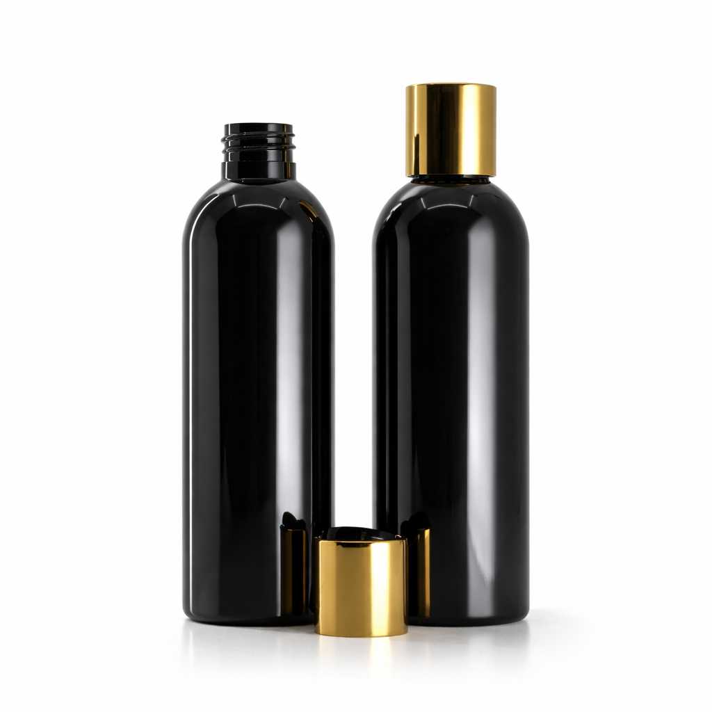 Kunststoffflasche, schwarz glänzend, Disc-Top-Verschluss, gold mit schwarzem Mittelteil, 200 ml