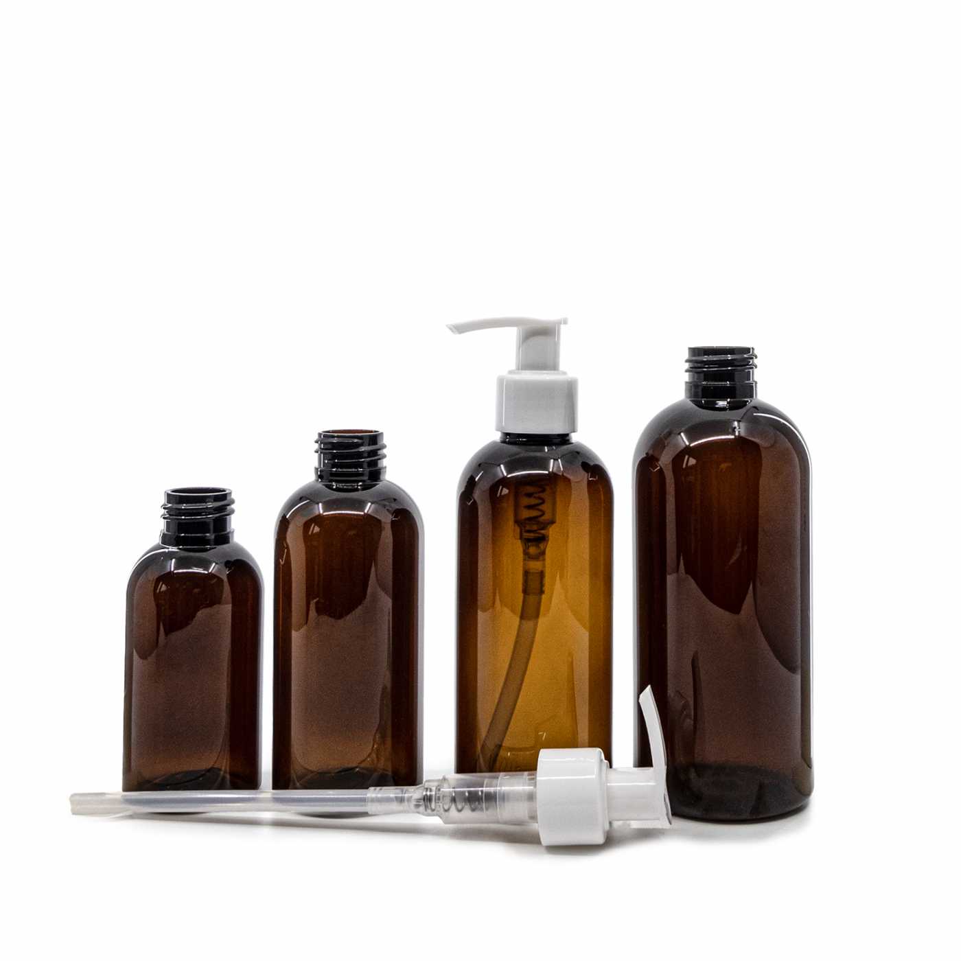 Butelka plastikowa, brązowa, biały plastikowy dozownik, 100 ml