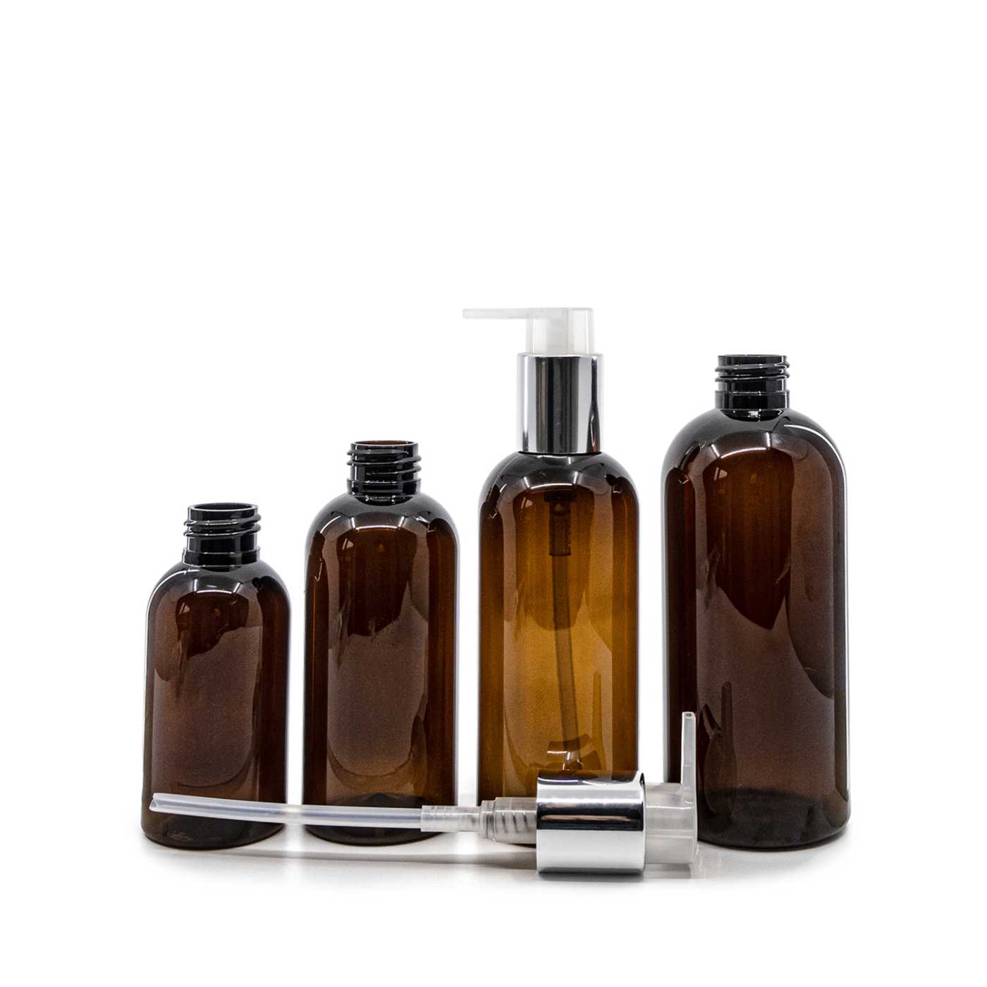 Butelka plastikowa brązowa, dozownik srebrny, 100 ml