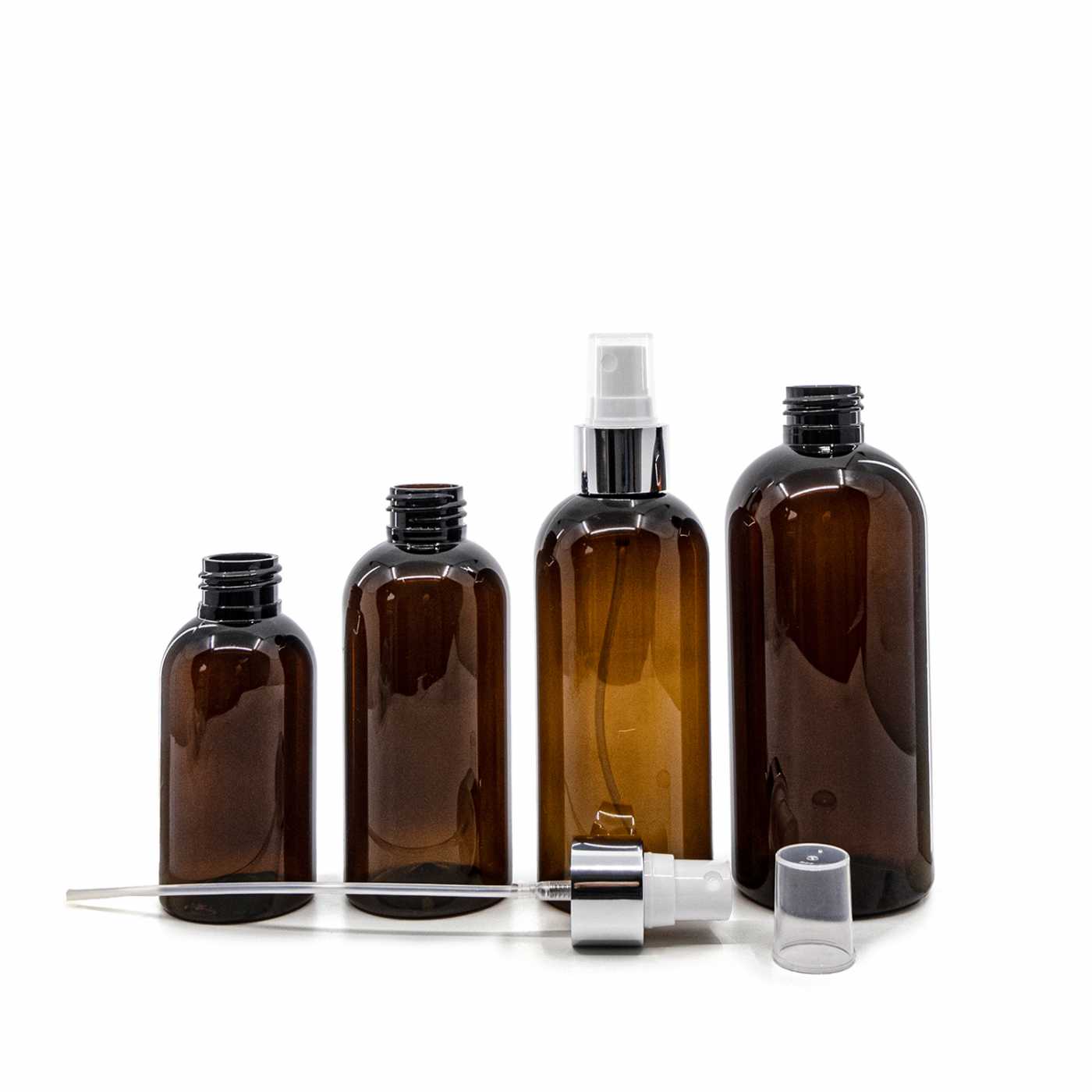 Butelka plastikowa brązowa, biały atomizer z błyszczącą srebrną obręczą, 100 ml