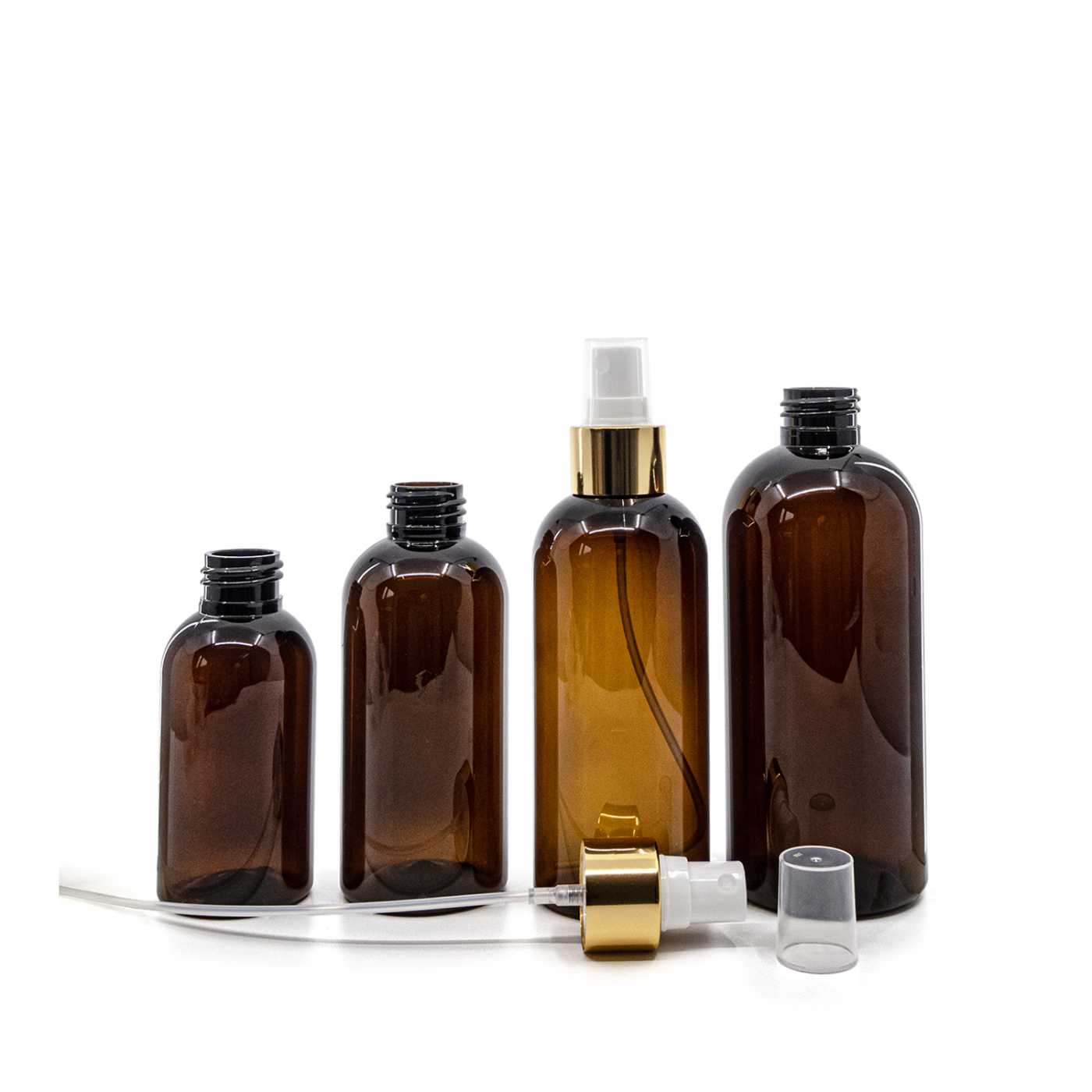 Butelka plastikowa brązowa, biały atomizer z błyszczącą złotą obręczą, 100 ml