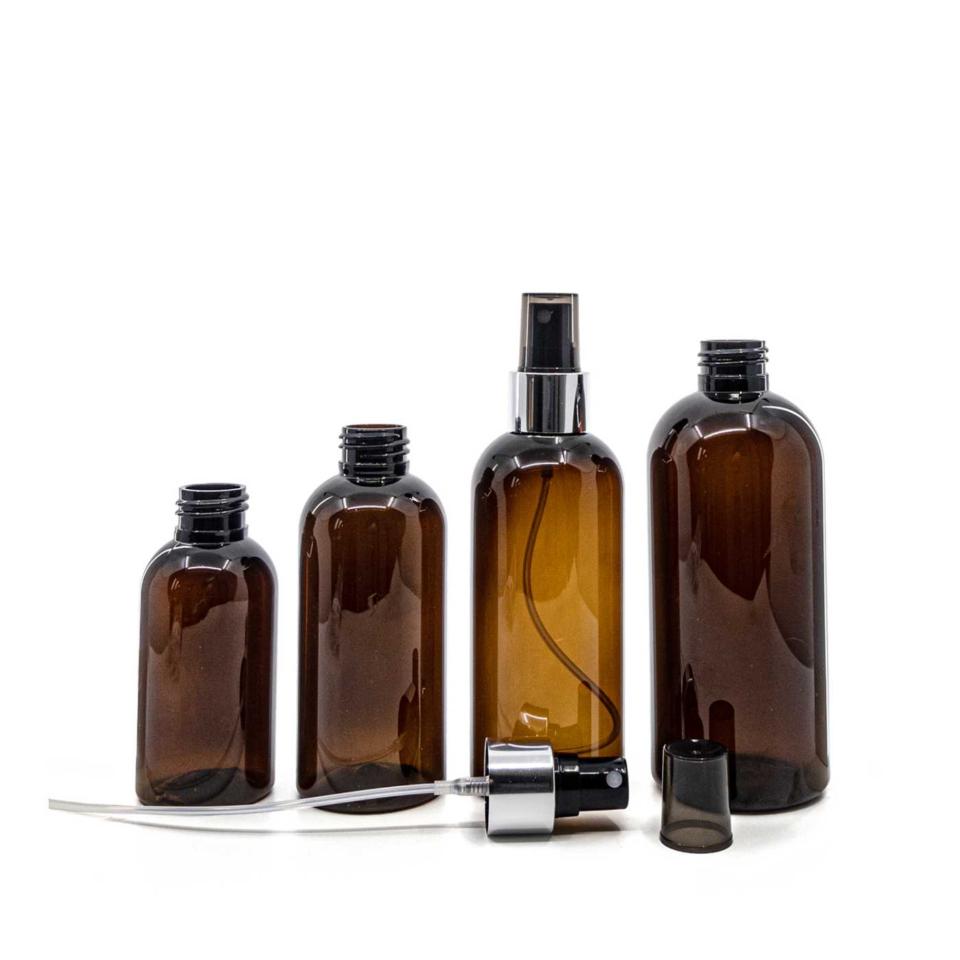 Butelka plastikowa brązowa, atomizer czarny, pierścień srebrny błyszczący, 100 ml