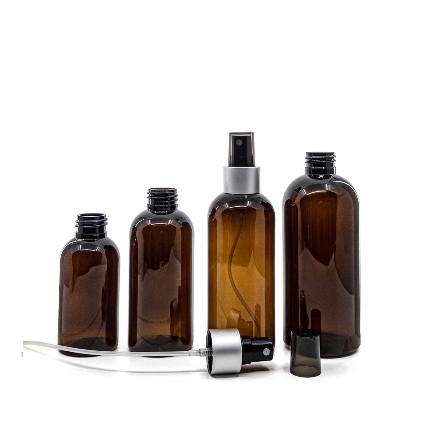 Butelka plastikowa brązowa, atomizer czarny, pierścień srebrny matowy, 100 ml