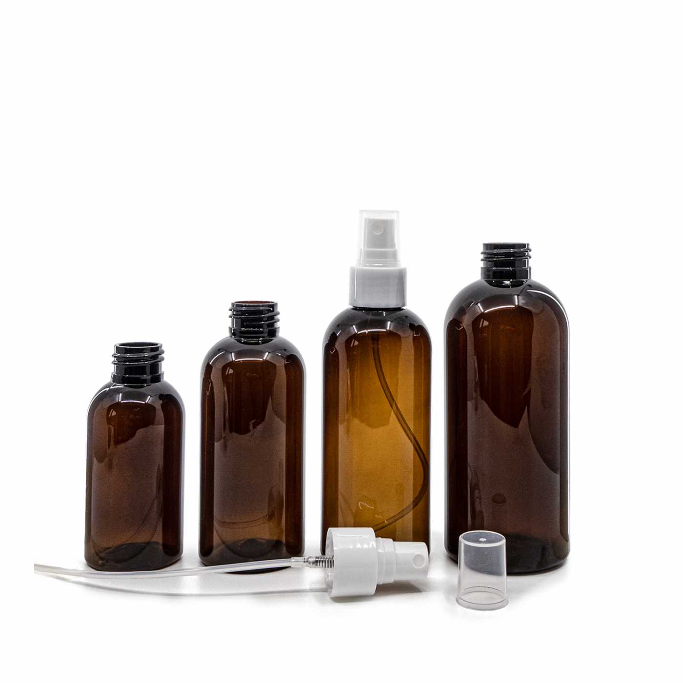 Butelka plastikowa, brązowa, biały atomizer, 100 ml