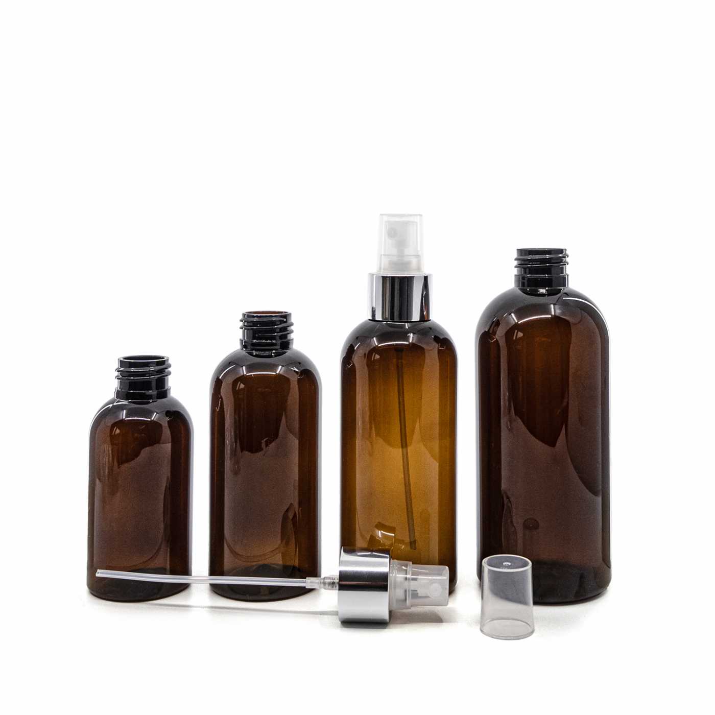 Butelka plastikowa, brązowa, przezroczysty atomizer, srebrna błyszcząca obręcz, 100 ml