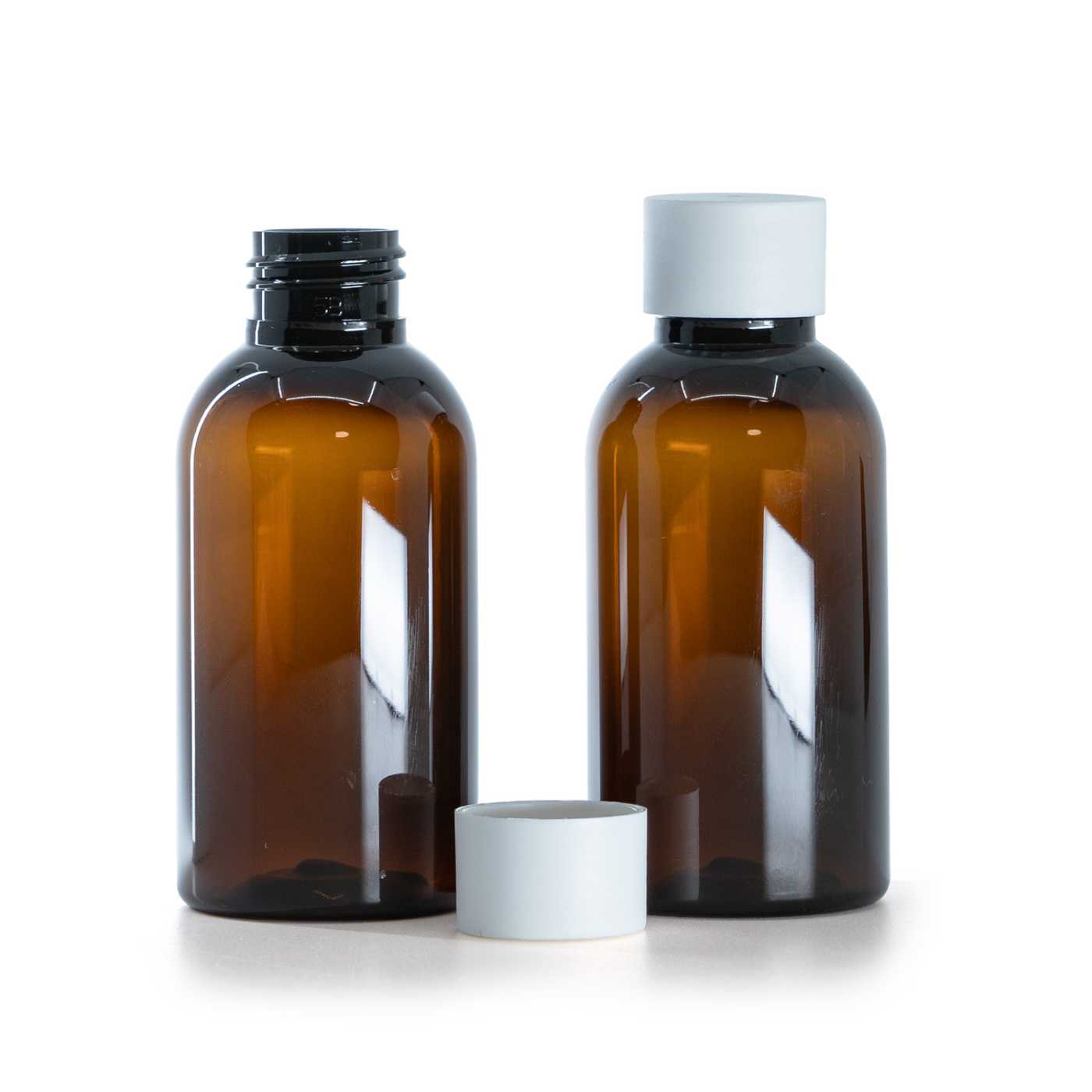 Butelka plastikowa brązowa, nakrętka biała matowa, 100 ml