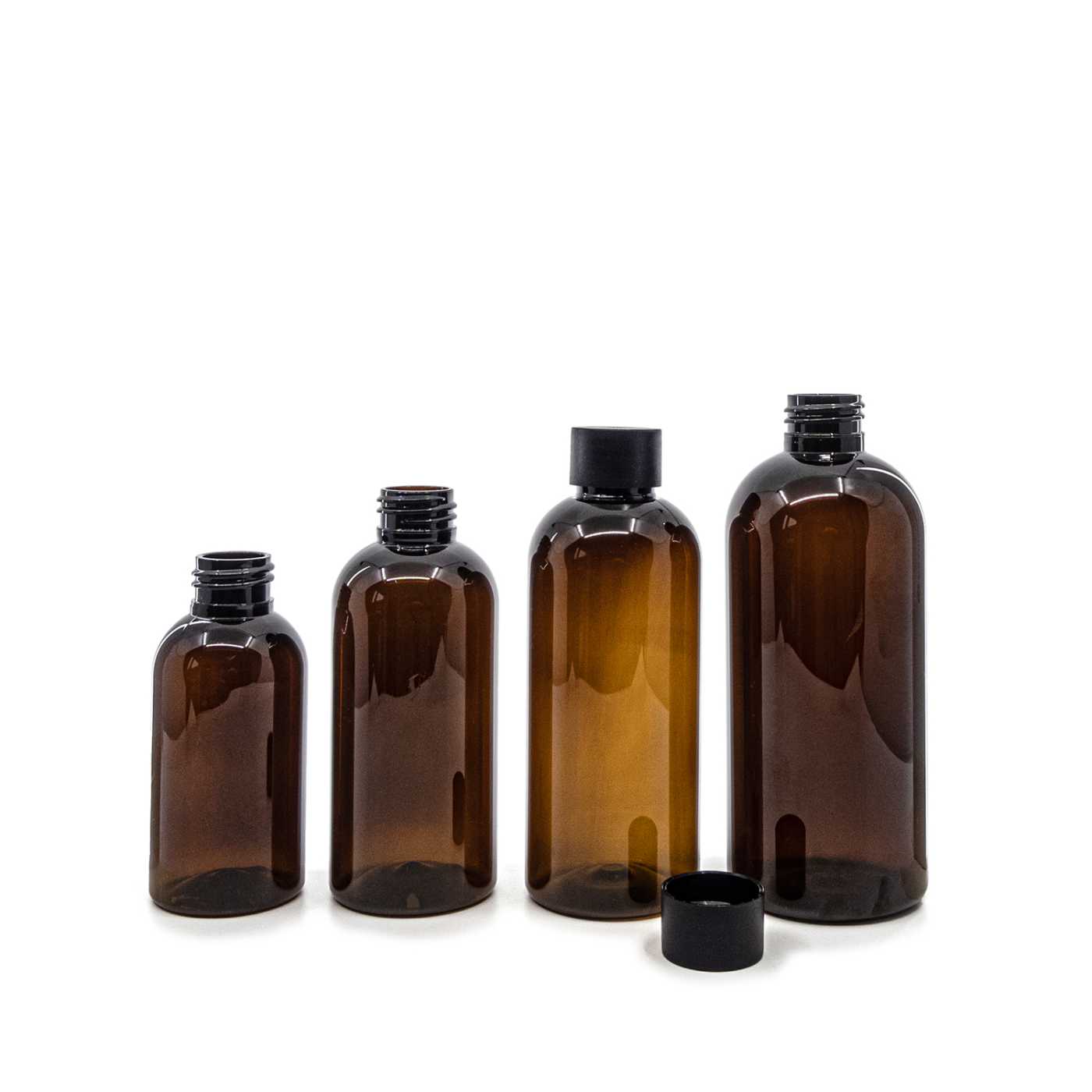 Butelka plastikowa, brązowa, 24/410, nakrętka matowa czarna, 100 ml