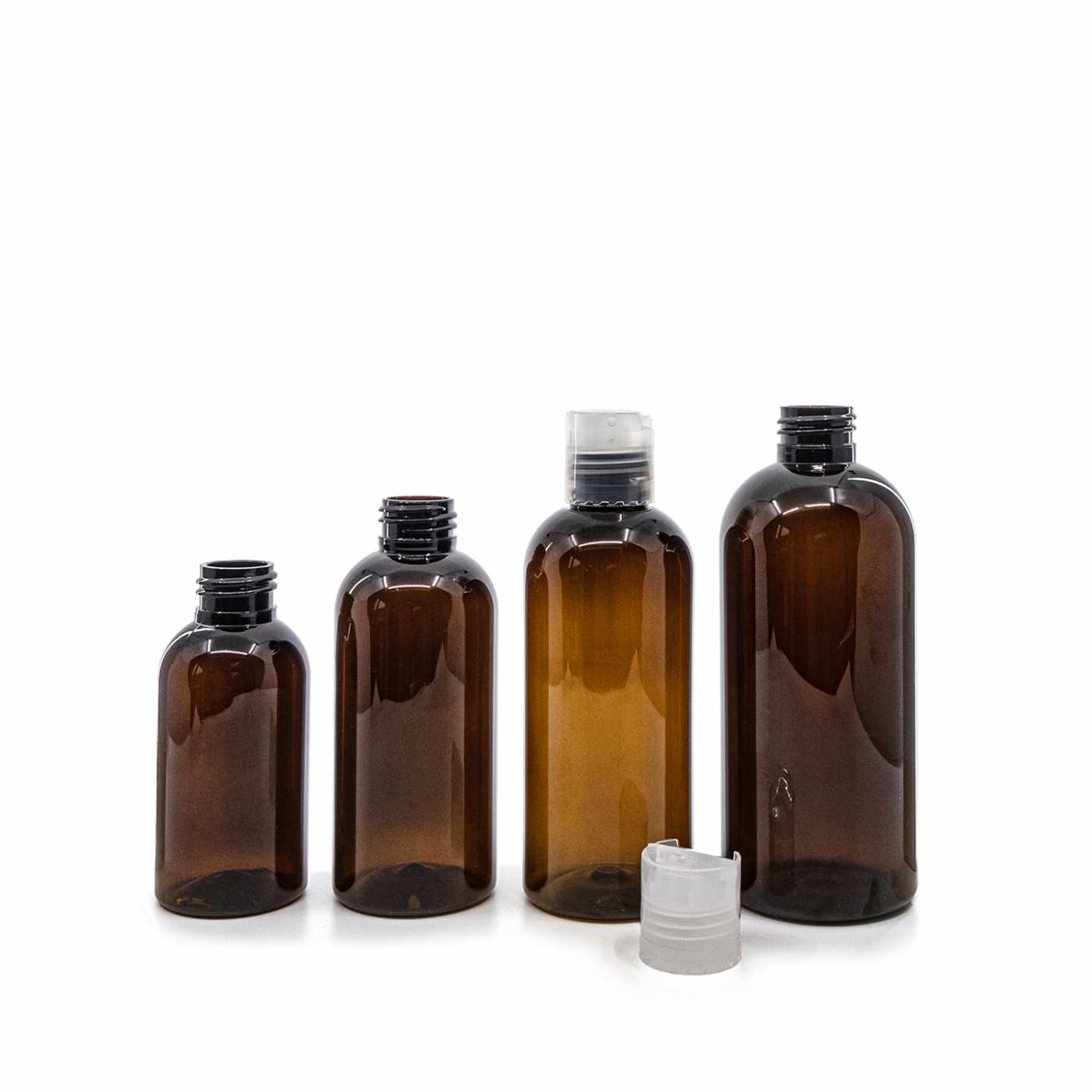 Butelka plastikowa, brązowa, przezroczysty disc top, 100 ml