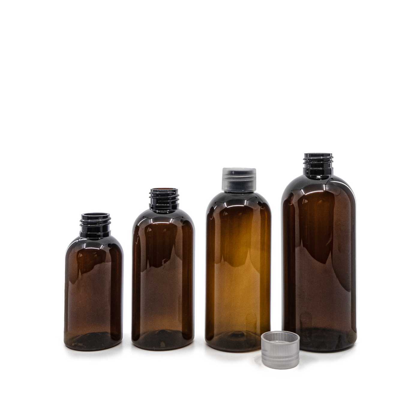 Butelka plastikowa, brązowa, przezroczysta nakrętka, 100 ml