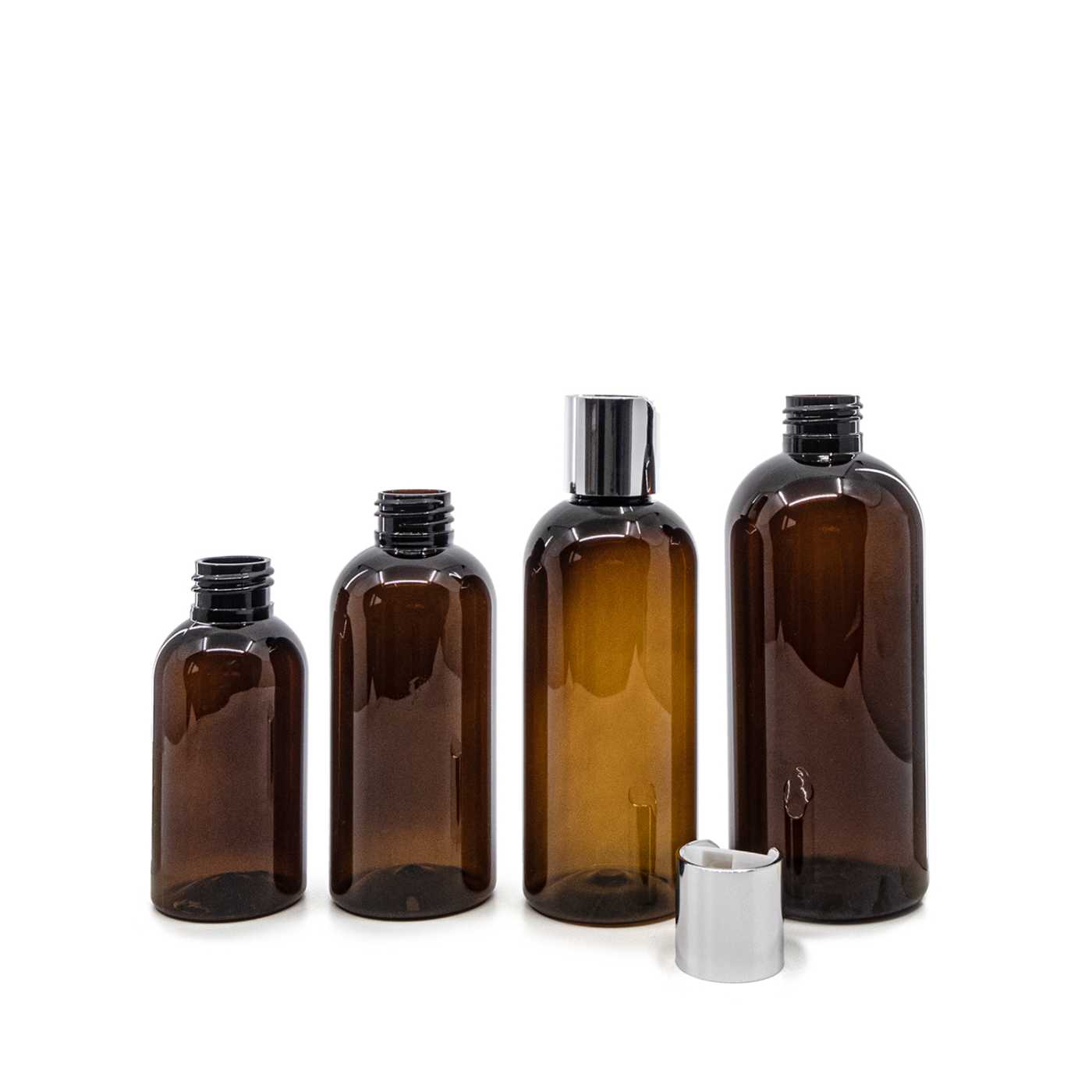 Butelka plastikowa brązowa, disc top srebrny, 100 ml