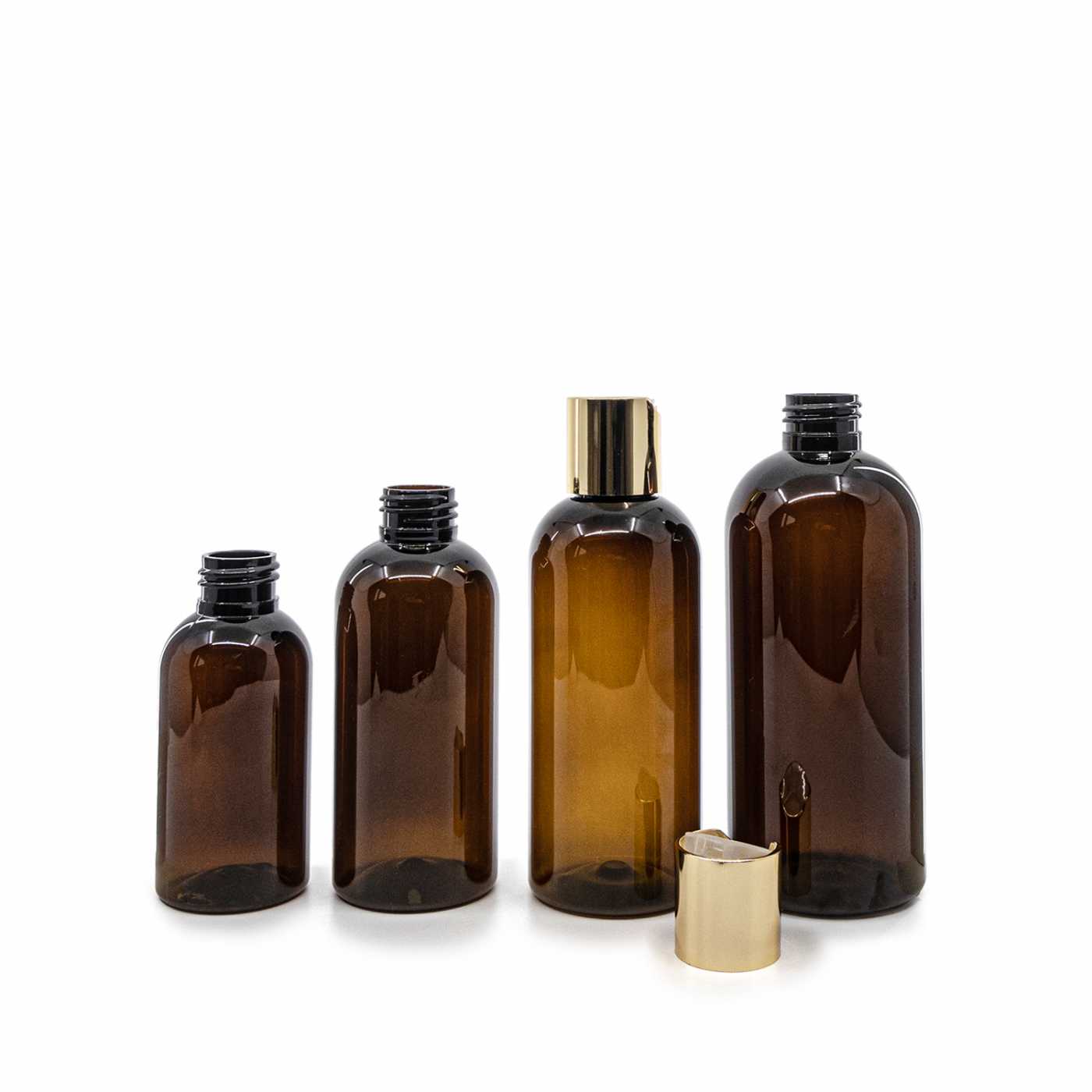 Butelka plastikowa brązowa, disc top złoty, 100 ml