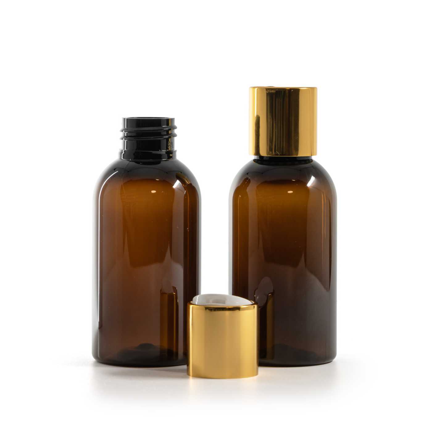 Butelka plastikowa, brązowa, nakrętka disc top, złota, biały środek, 100 ml