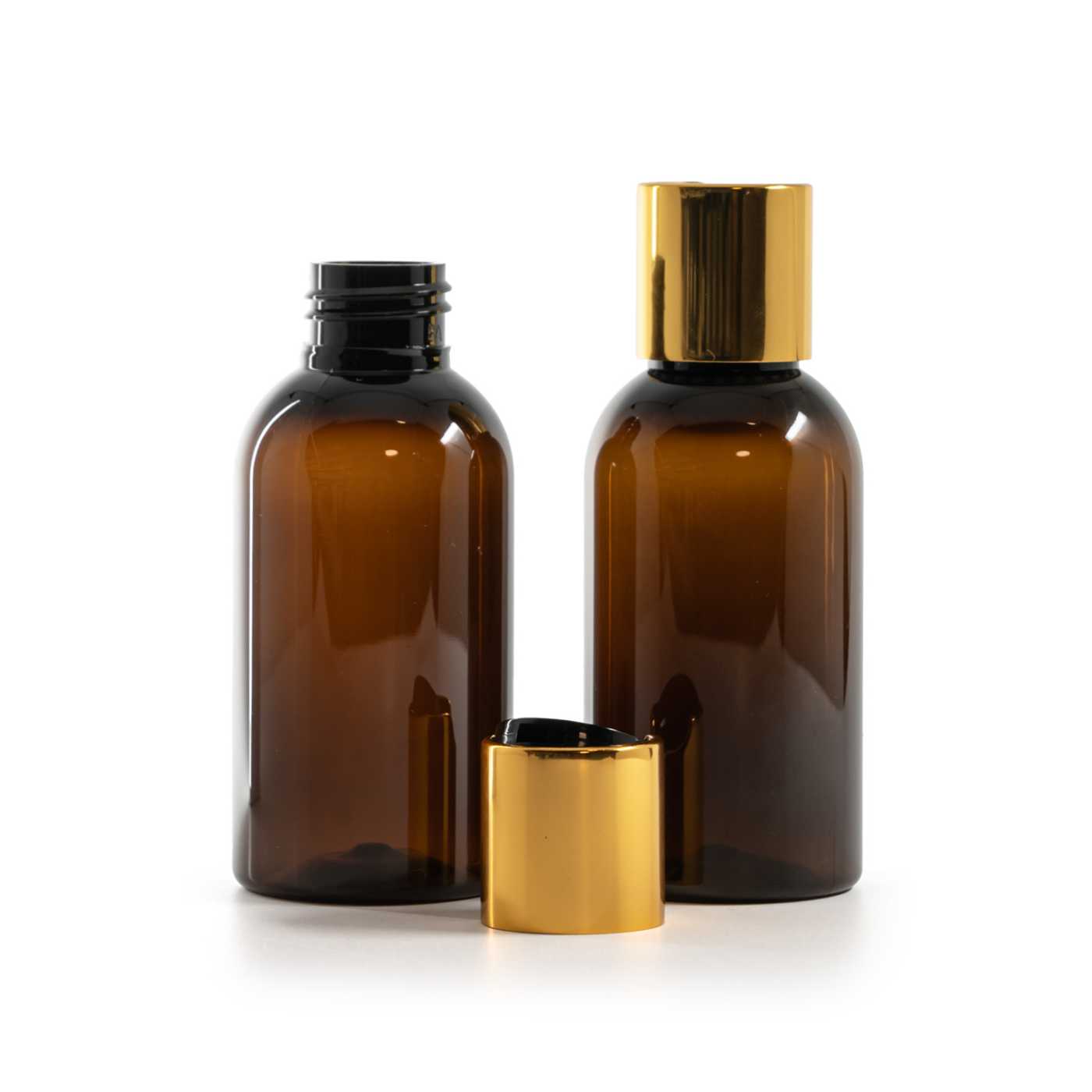 Butelka plastikowa, brązowa, nakrętka disc top, złota, czarny środek, 100 ml