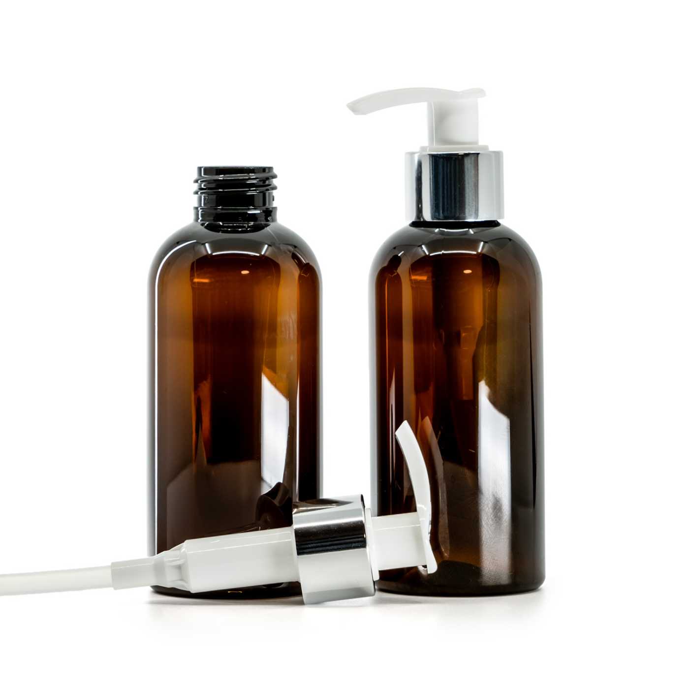 Bouteille en plastique brune, distributeur blanc avec bague argentée brillante, 150 ml
