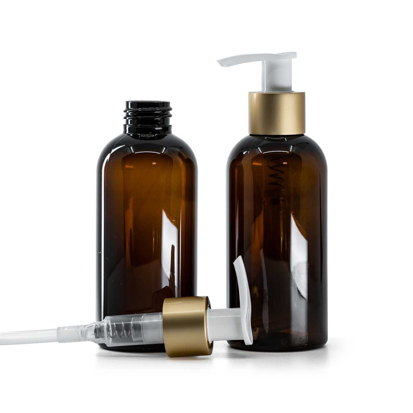 Bouteille en plastique brune, pompe lotion blanche avec col doré mat, 150 ml