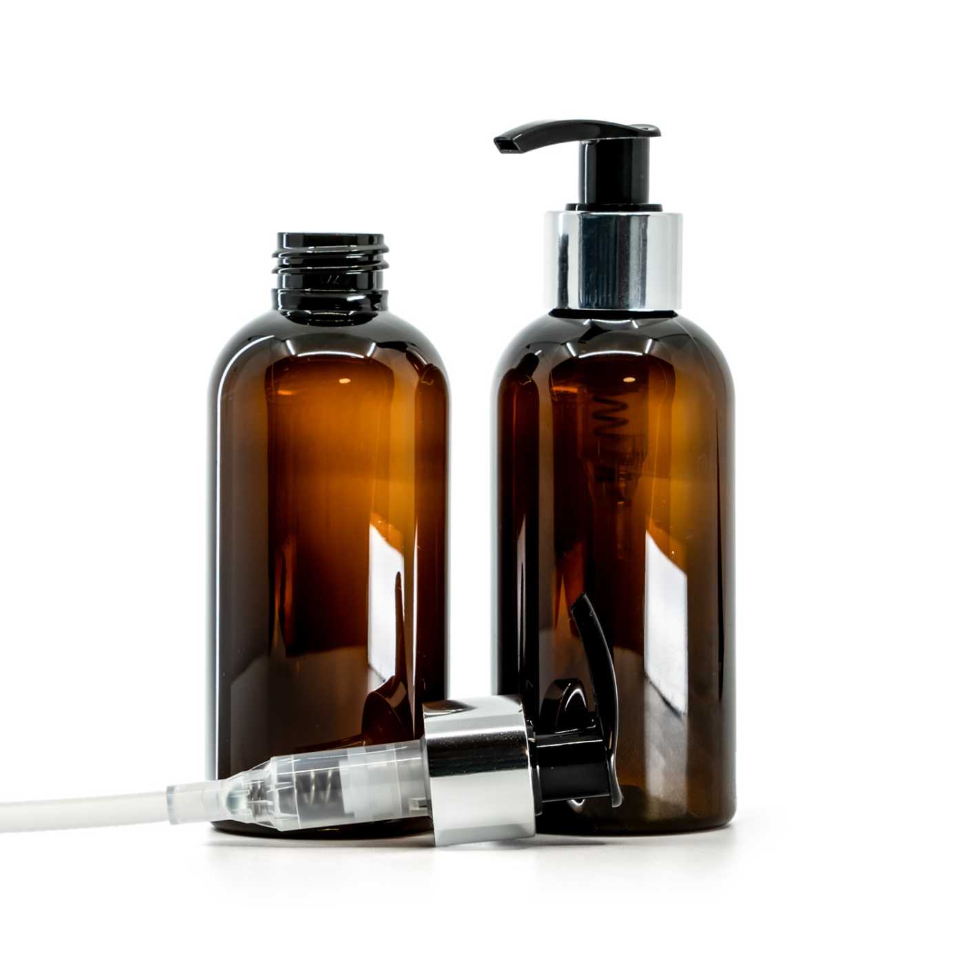 Flacon en plastique brun, distributeur noir et argenté, 150 ml