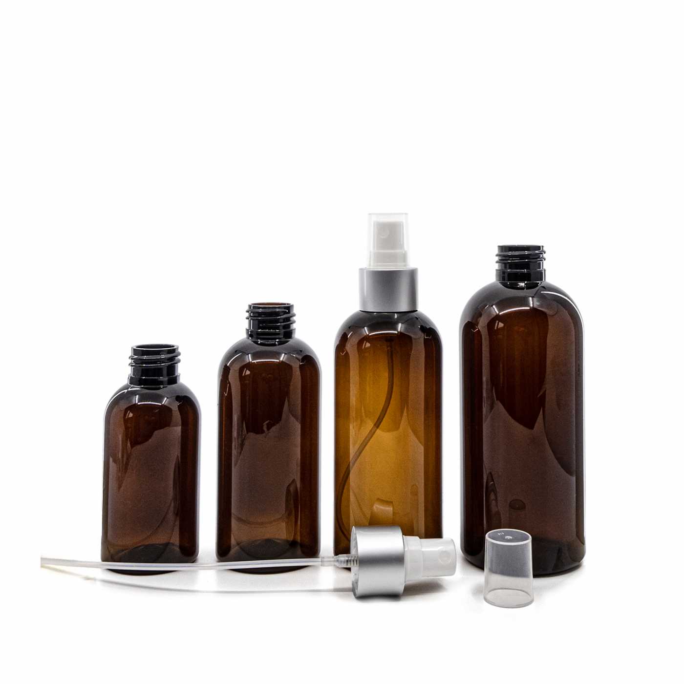 Plastová láhev hnědá, bílý rozprašovač, stříbrná matná obruč, 150 ml