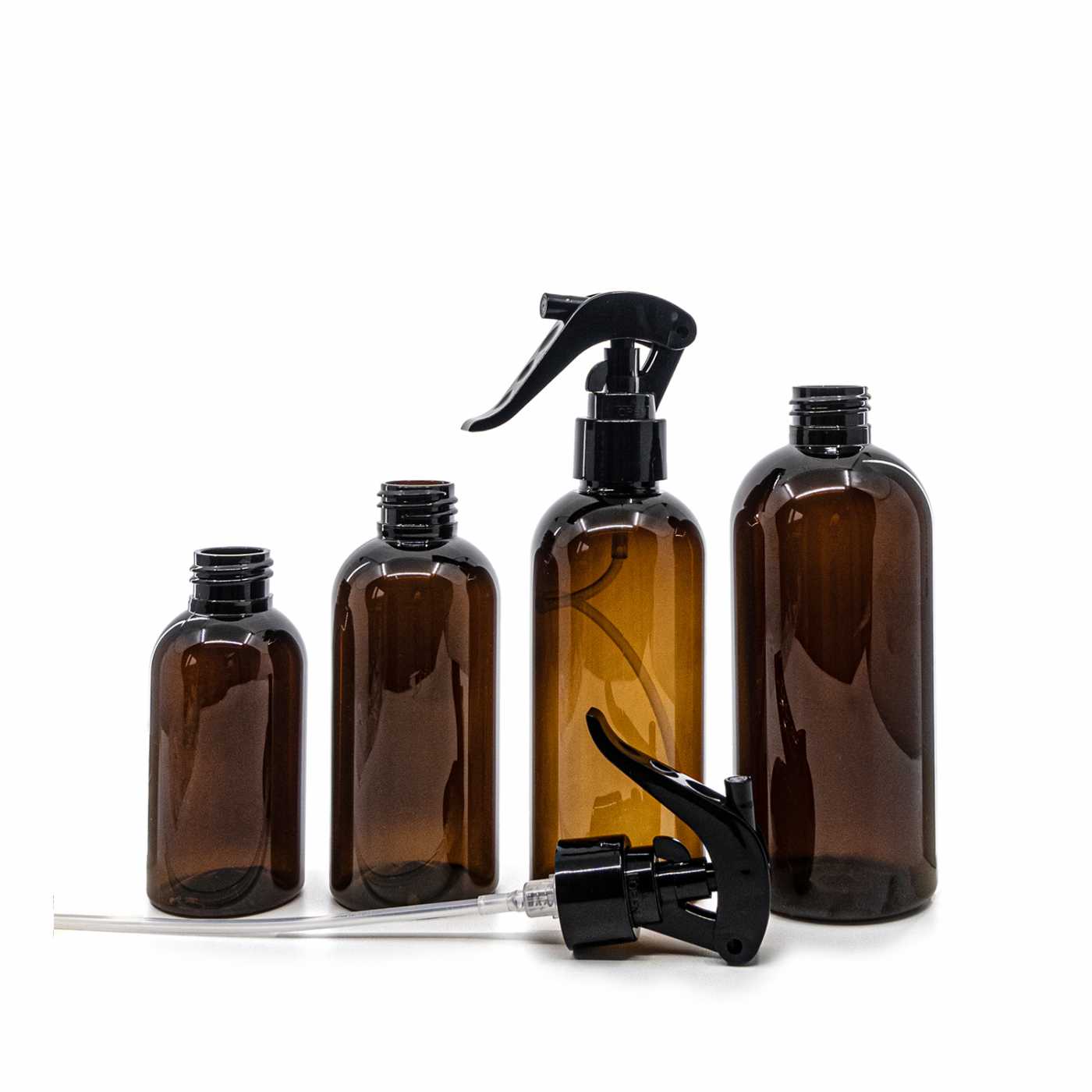 Bouteille en plastique brune, pulvérisateur à gâchette noir, 150 ml