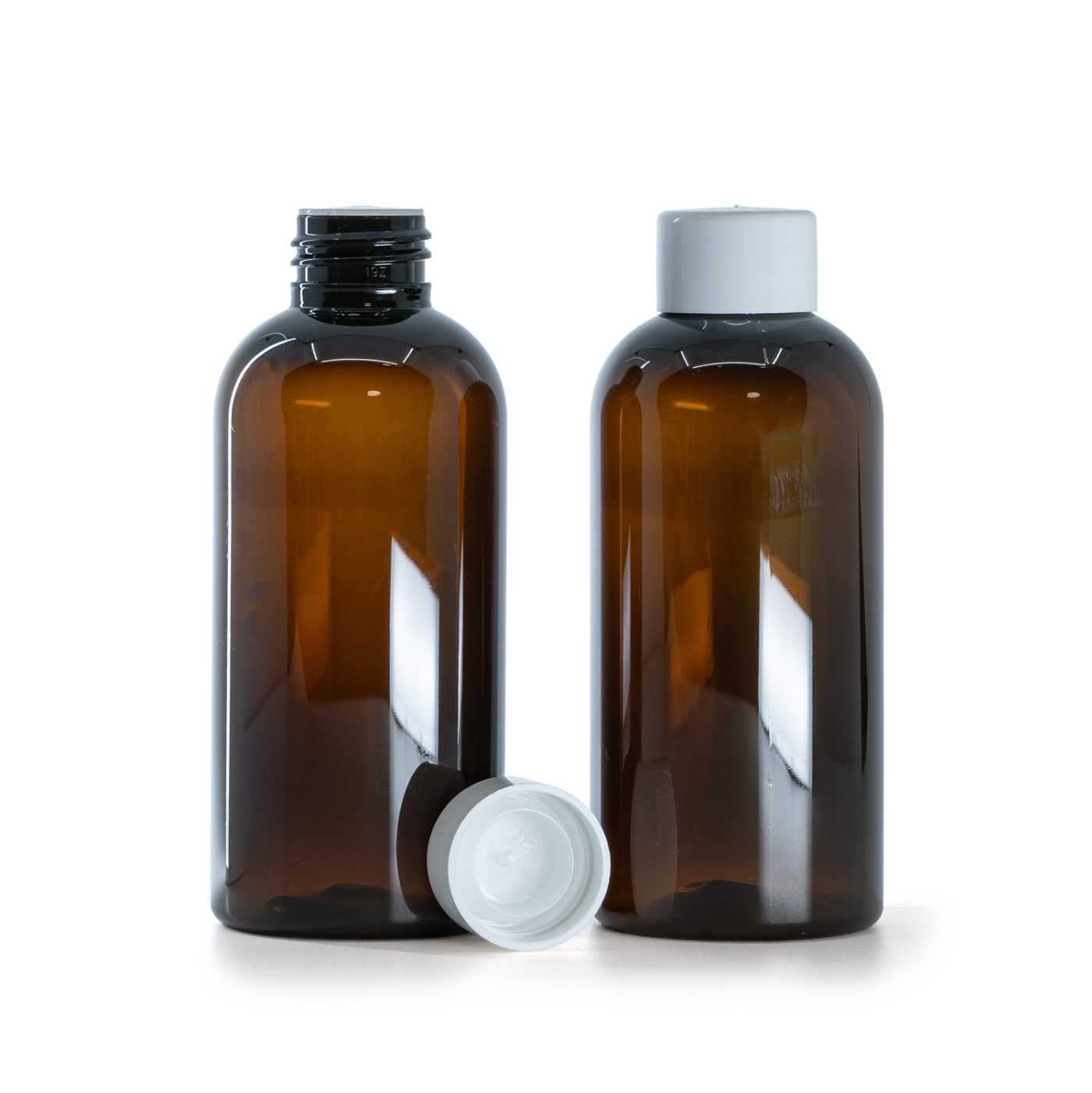 Flacon en plastique brun, bouchon blanc lisse avec réducteur, 150 ml
