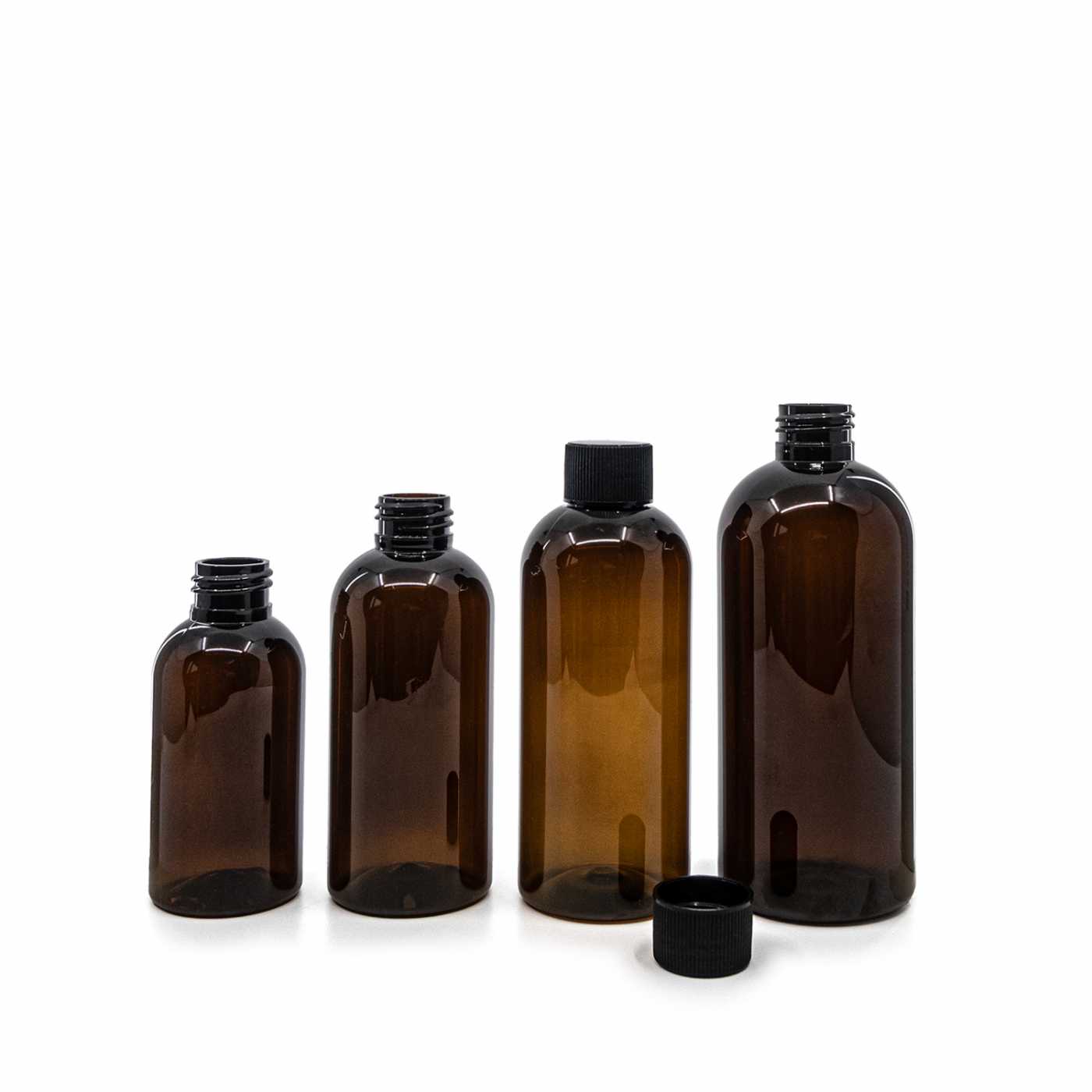 Bouteille en plastique brune, bouchon noir rainuré, 150 ml