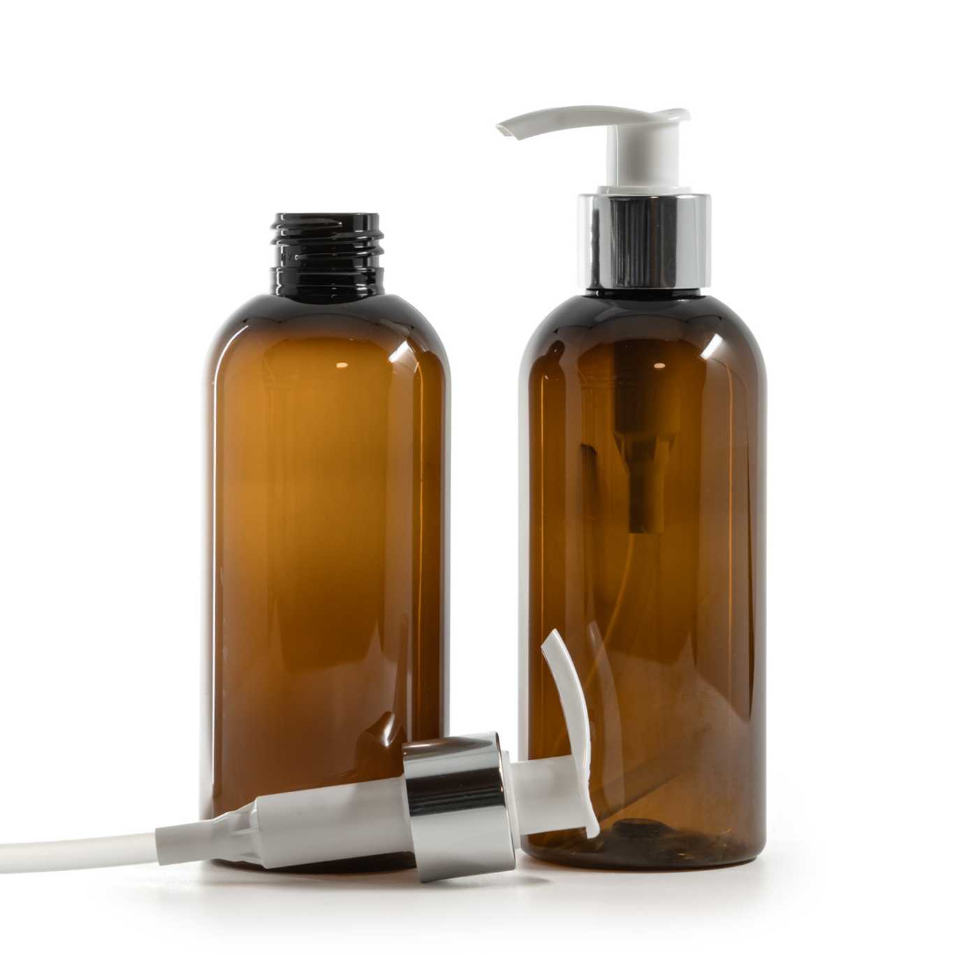 Plastová láhev hnědá, bílý dávkovač se stříbrným kroužkem, 200 ml