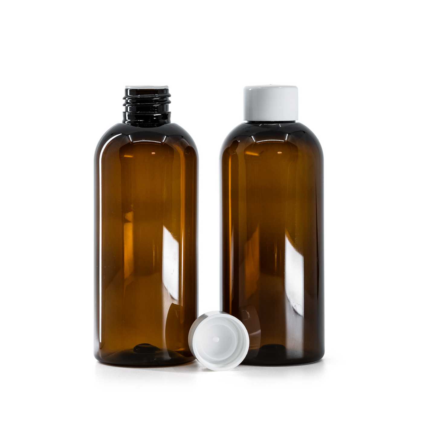 Flacon en plastique brun, bouchon blanc lisse avec réducteur, 200 ml