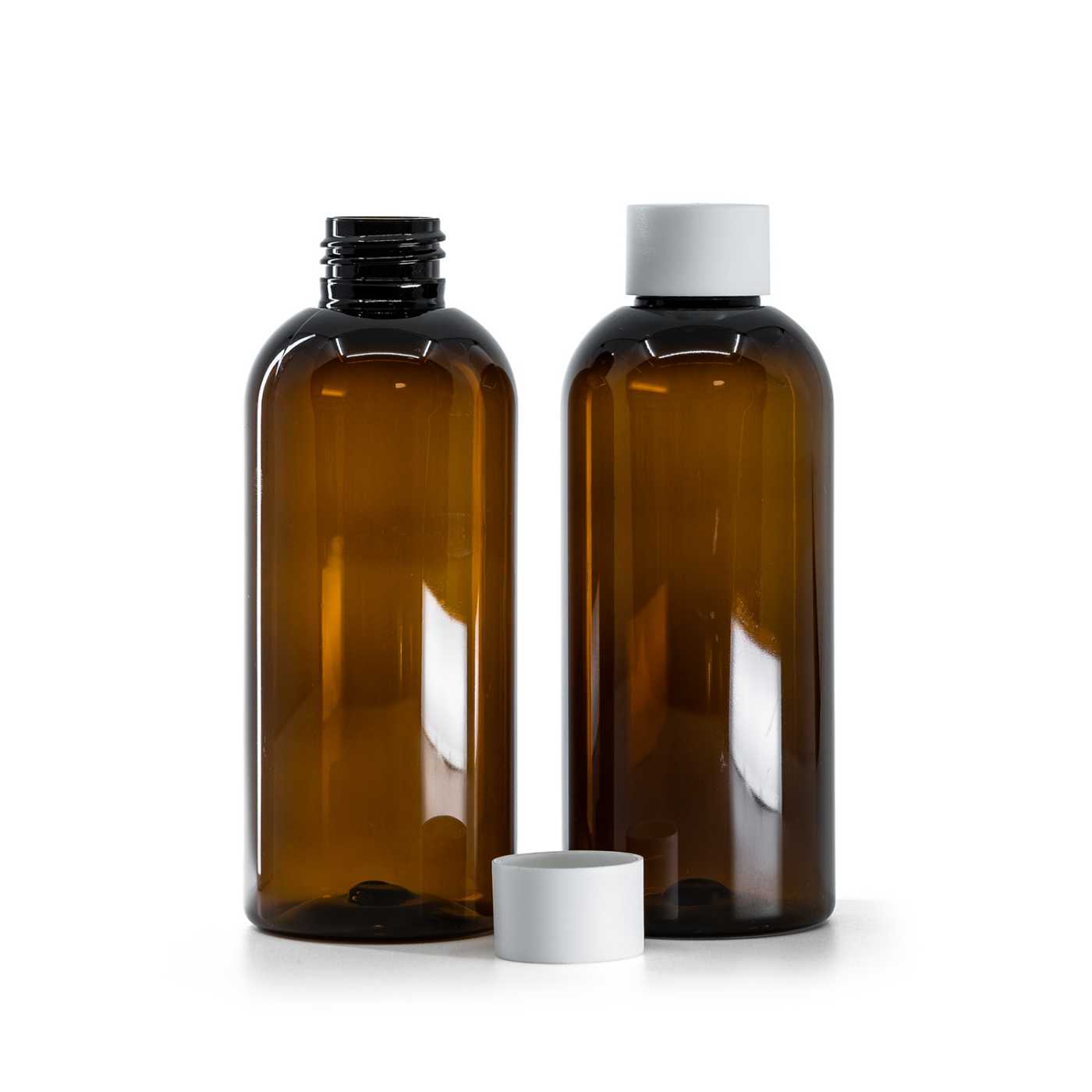 Bouteille en plastique brun, 200 ml, bouchon blanc mat