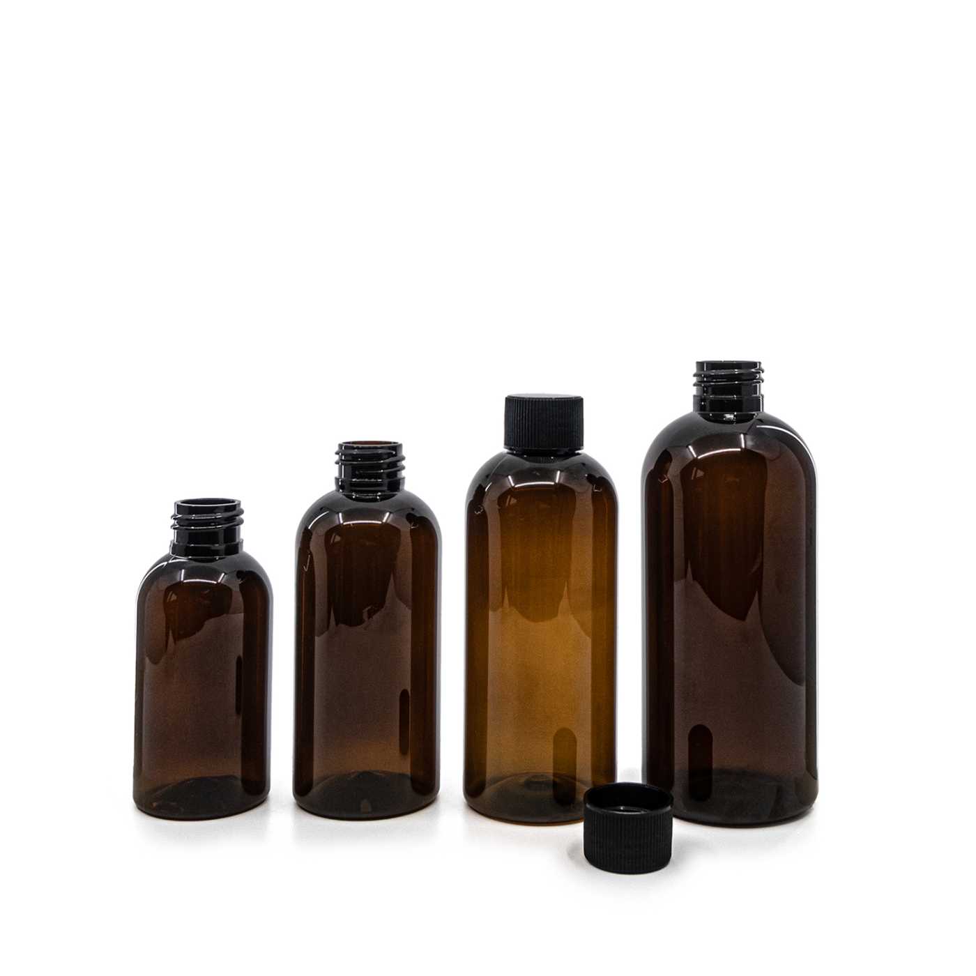 Bouteille en plastique brune, bouchon noir rainuré, 200 ml