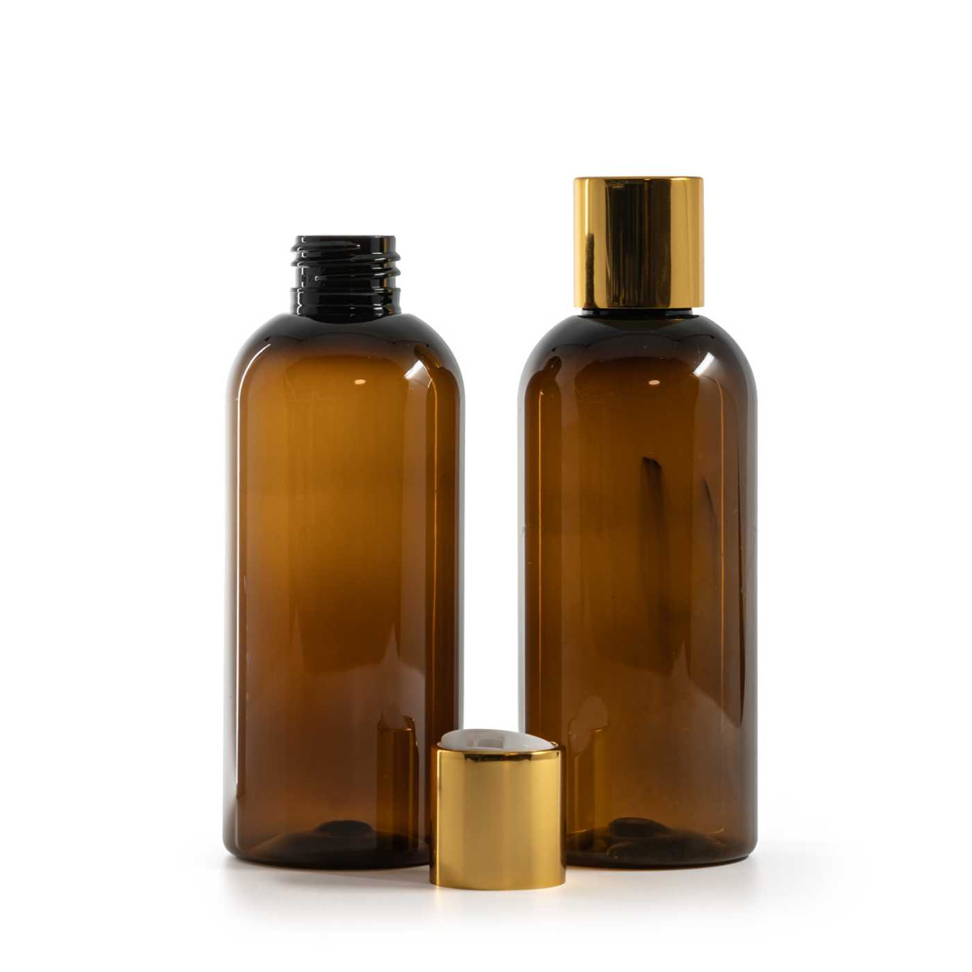 Bouteille en plastique brun, bouchon disc-top doré avec insert blanc, 200 ml