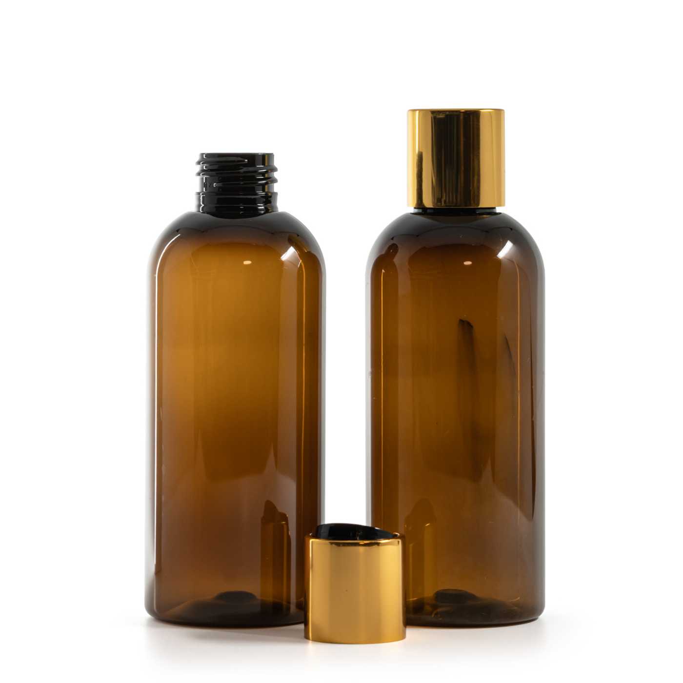 Kunststoffflasche, braun, Disc-Top-Verschluss, gold, schwarzes Zentrum, 200 ml