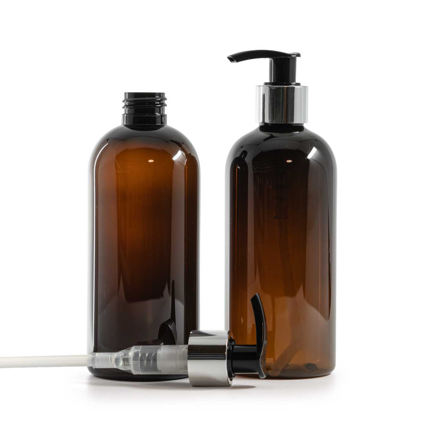 Bouteille en plastique brune, distributeur noir et argenté, 300 ml