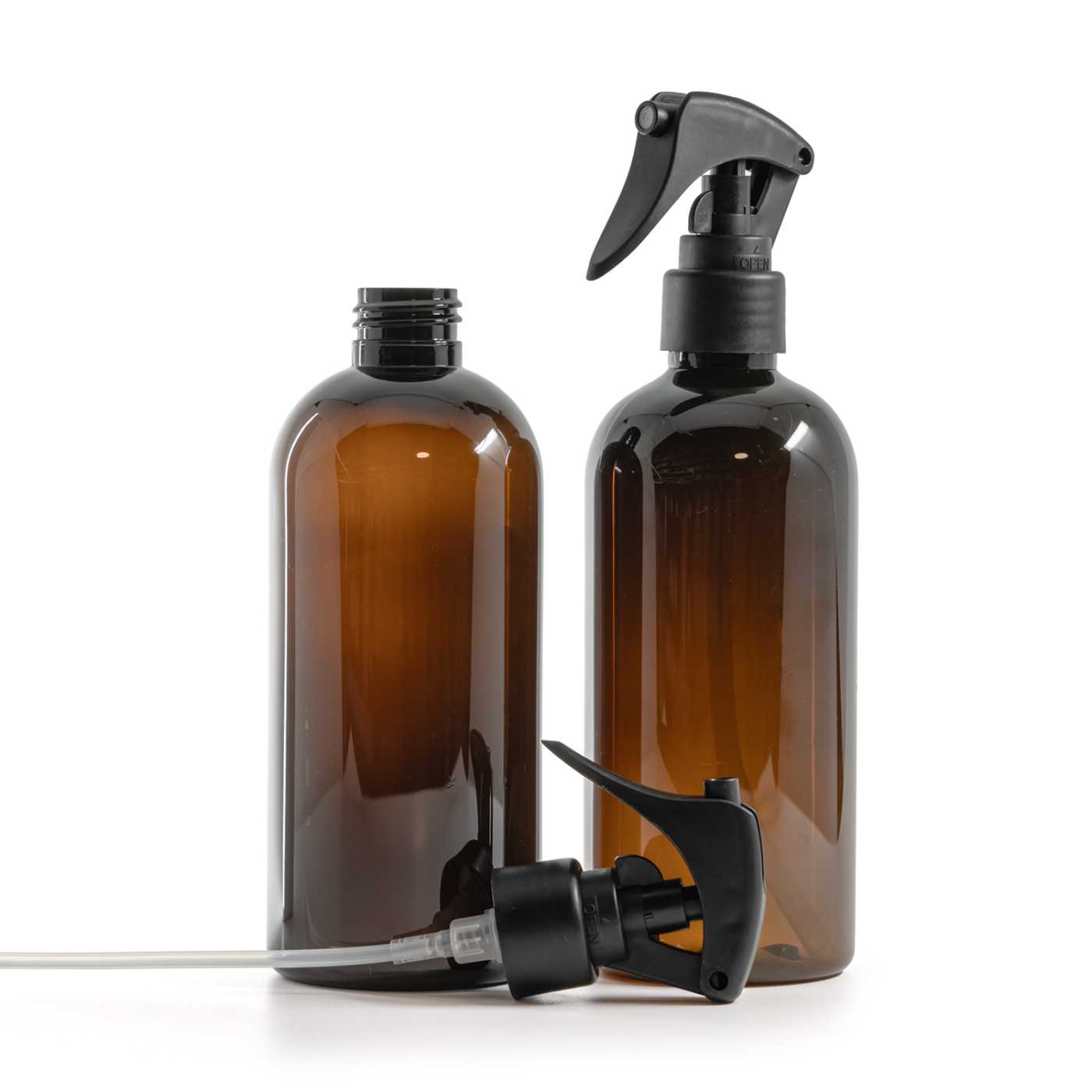 Butelka plastikowa, brązowa, czarny matowy spryskiwacz z dźwignią, gładka obręcz, 300 ml