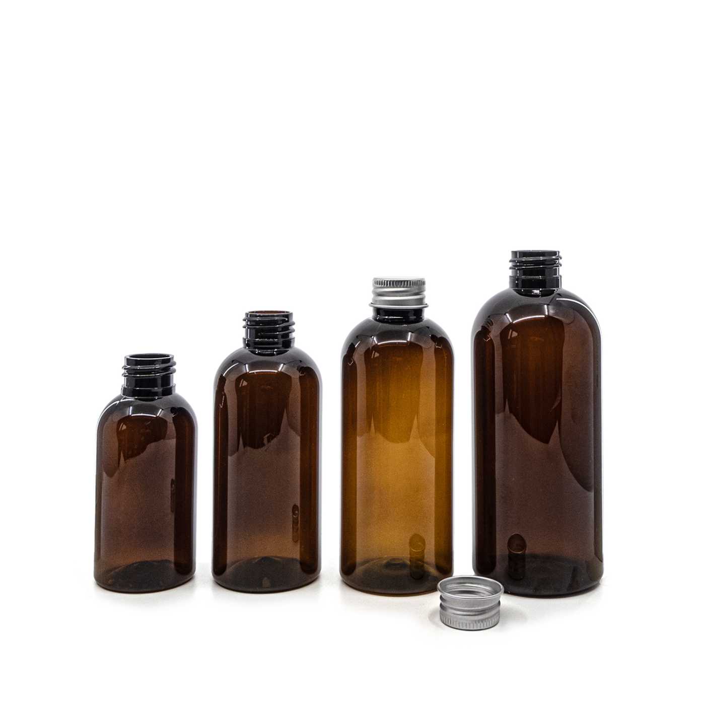 Bouteille en plastique brune, bouchon en aluminium, 300 ml