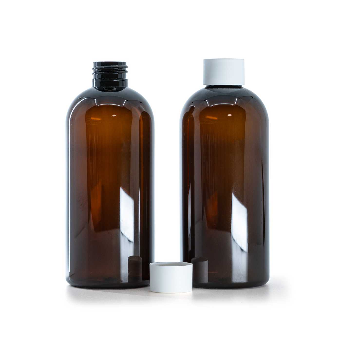 Bouteille en plastique ambrée, bouchon blanc mat, 300 ml