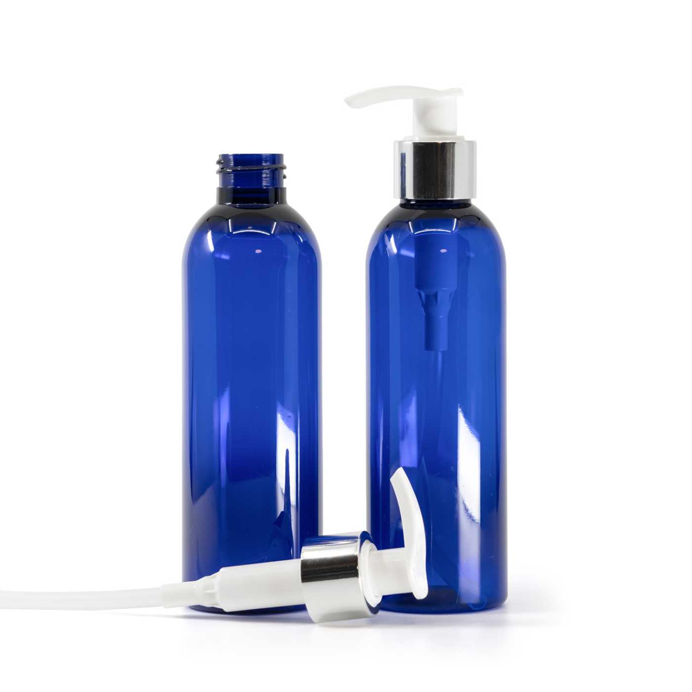 Kunststoffflasche, blau, weißer Dispenser mit silbernem glattem Ring, 200 ml
